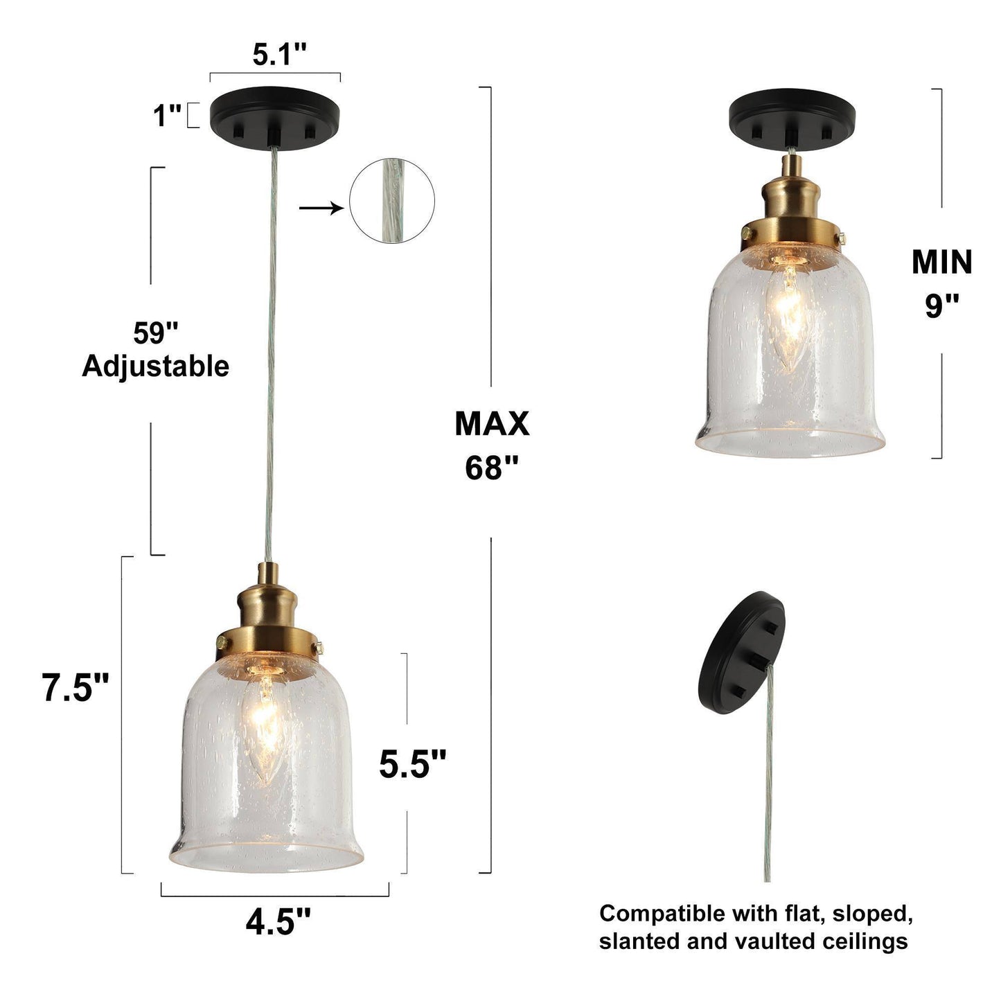 Modern Brass Pendant Light with Bell-Shaped Seeded Glass Shade