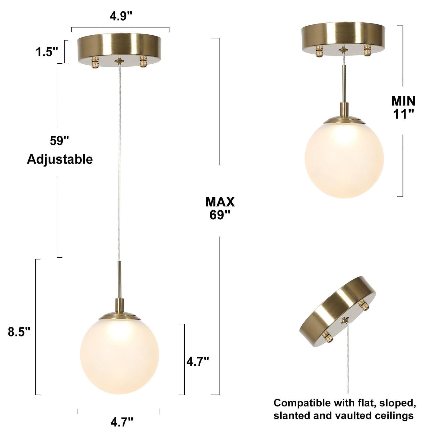 Modern LED Brass Pendant Light with Frosted Globe Shade