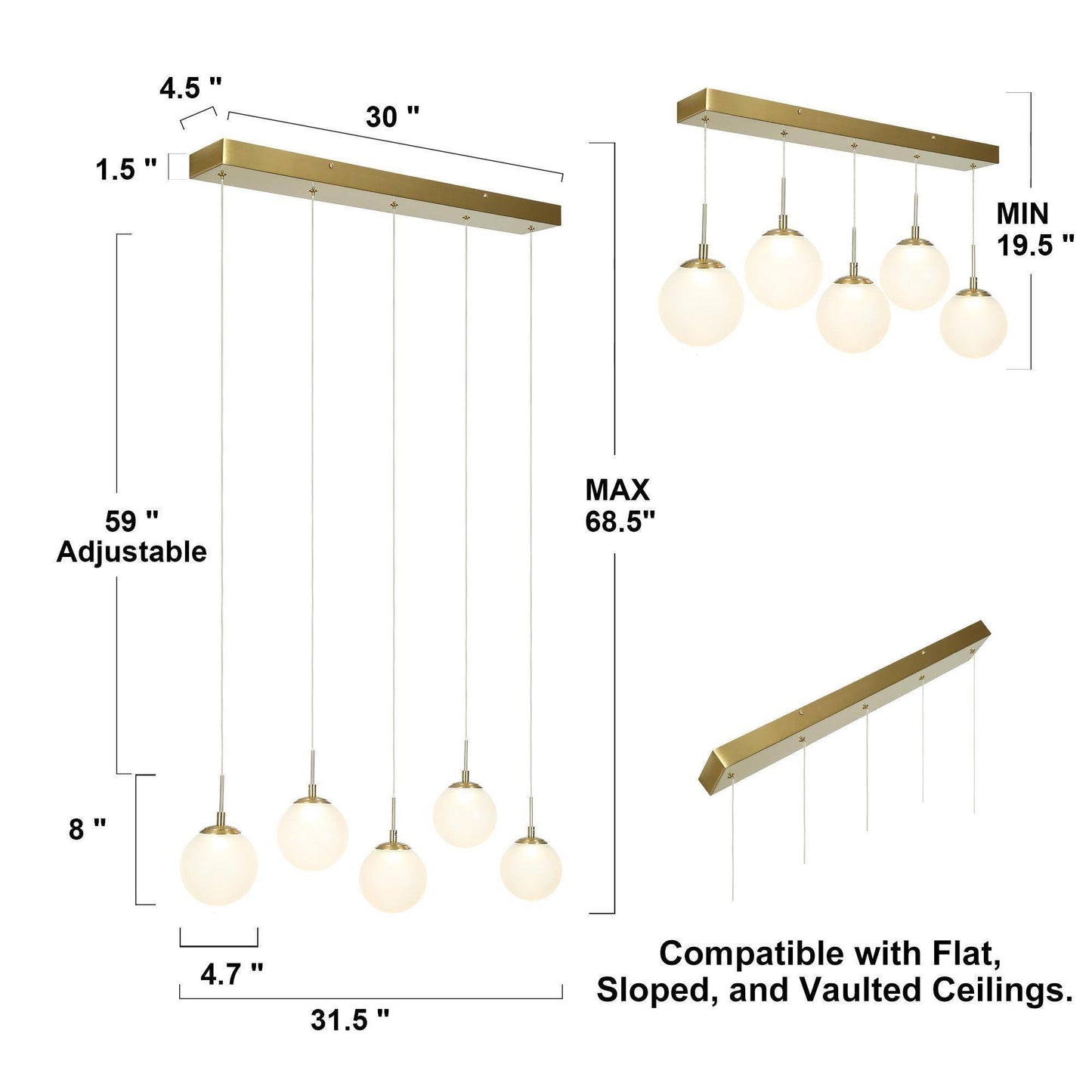 5-Light LED Brass Linear Island Light Chandelier with Frosted Glass