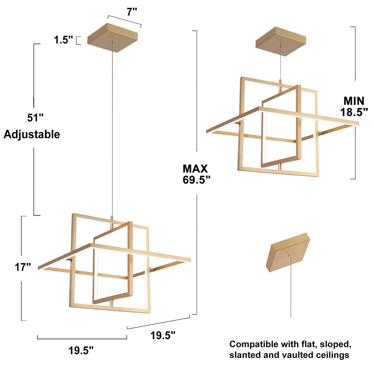 Modern 3-Light LED Gold Geometric Chandelier