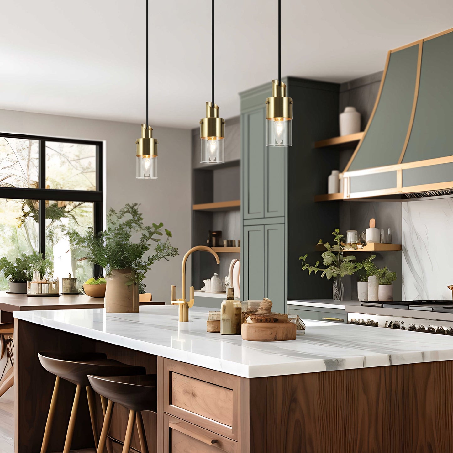 Modern Brass Cylinder Pendant Light with Clear Glass