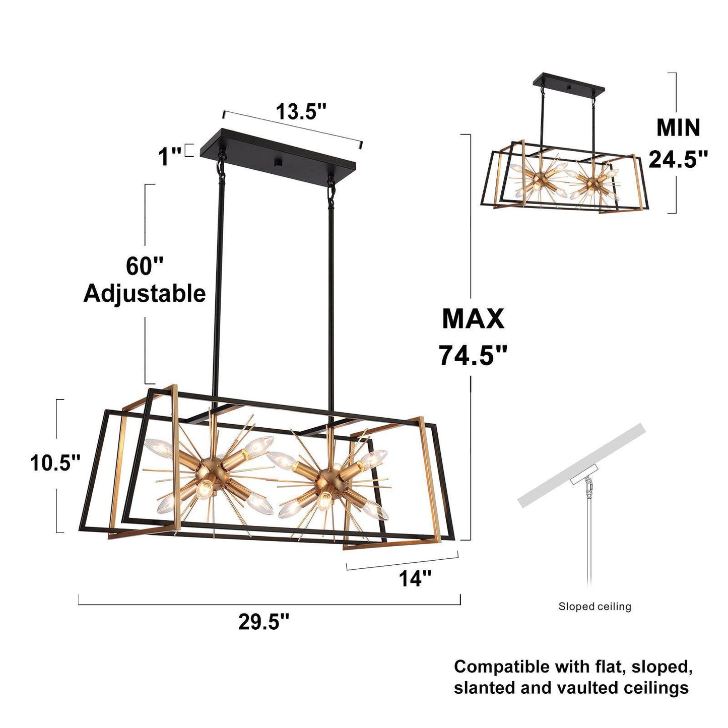 Sundews 5-Light 29.5-in Black&Gold Modern Rectangle Kitchen Island Light