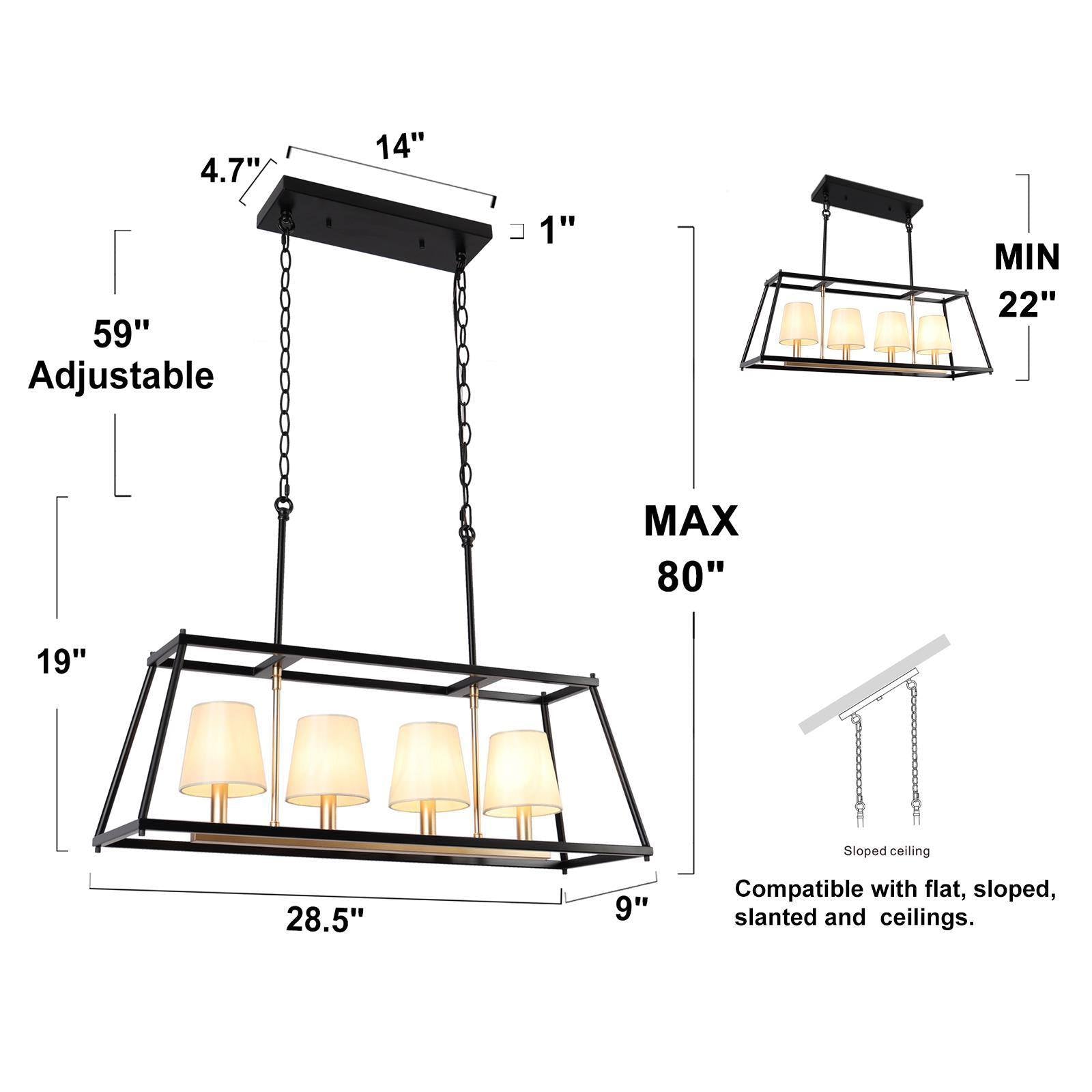 Estrellad 5-Light 28.5-in Black&Gold Modern Rectangle Kitchen Island Light with Fabric Shade