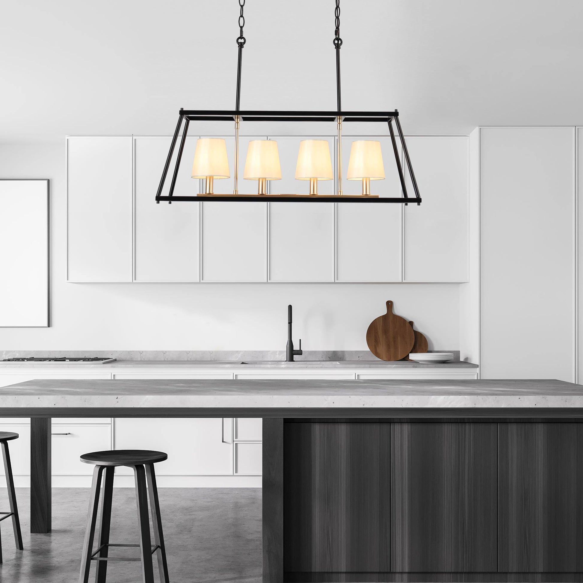 Estrellad 5-Light 28.5-in Black&Gold Modern Rectangle Kitchen Island Light with Fabric Shade