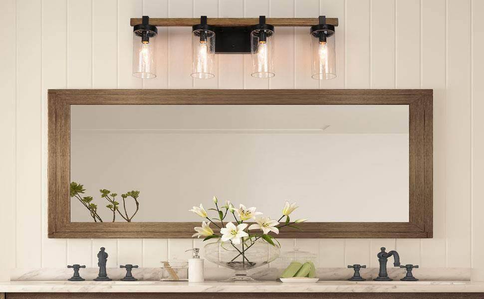 Bonnie 4-Light Black and Wood Vanity Light