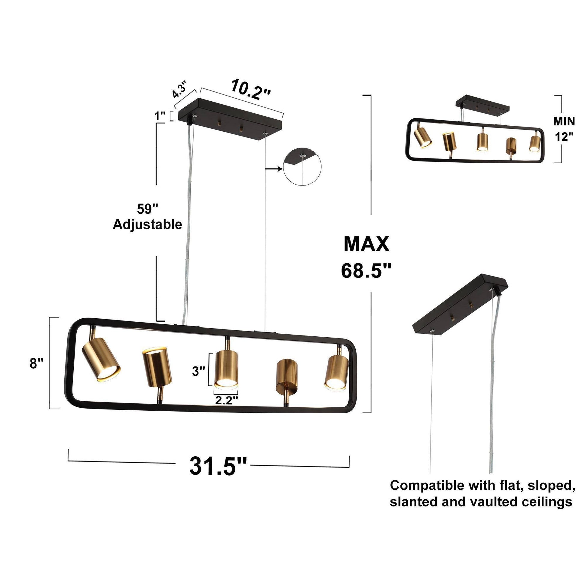 Serrulata 5-Light 31.5-in Black&Gold Modern Rectangle Kitchen Island Light