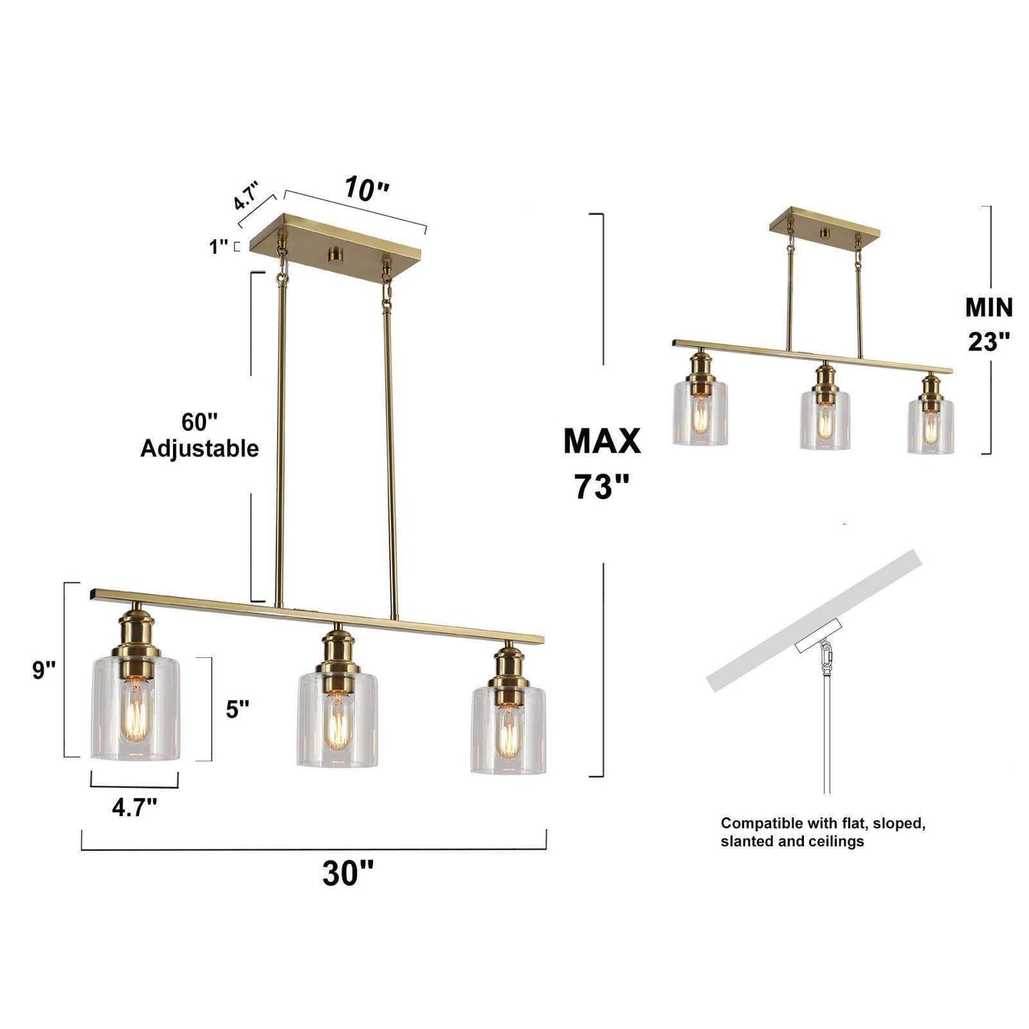 Modern 3-Light Gold Island Chandeliers Lights with Clear Glass Shades