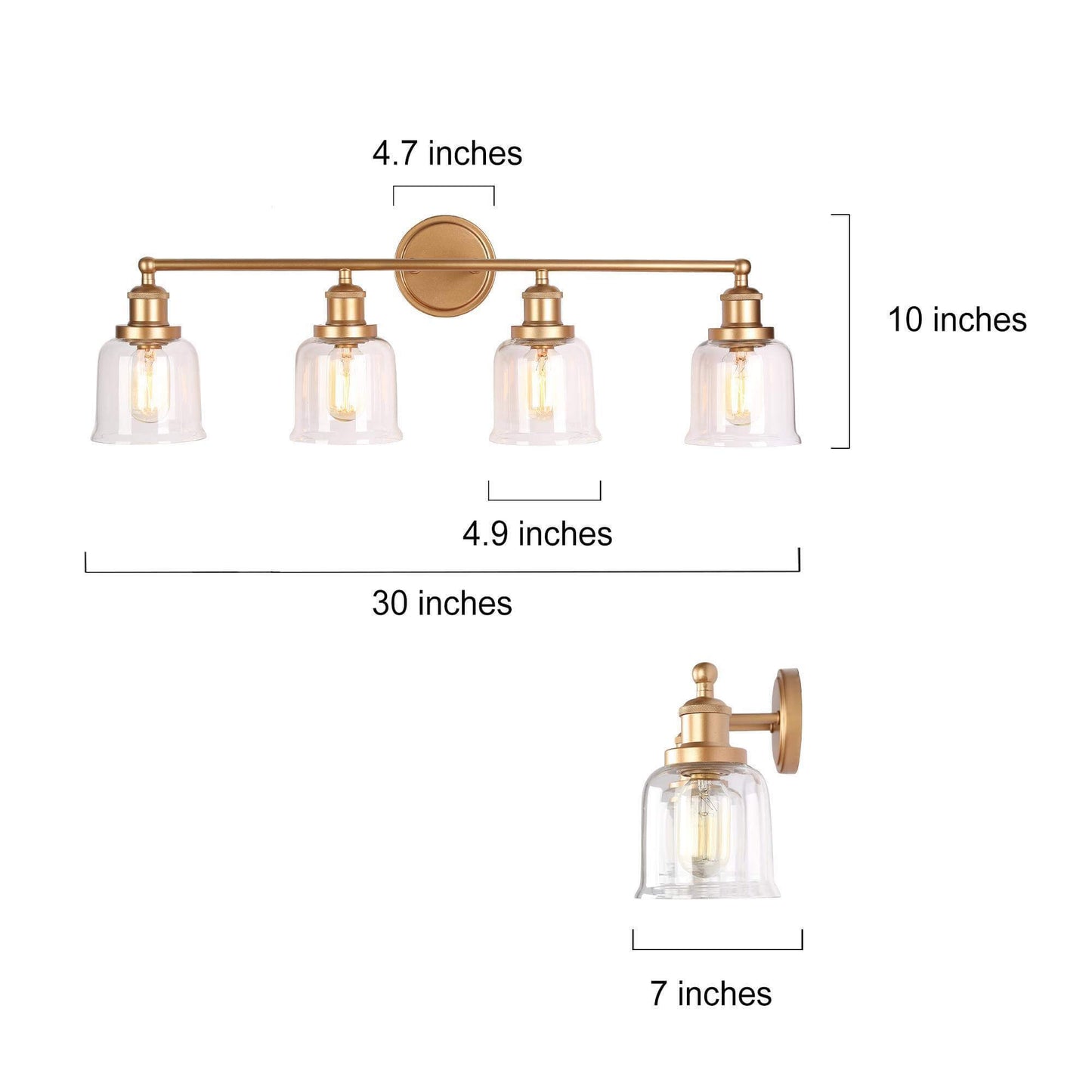 Modern Gold 4-Light Vanity Light with Clear Bell Shades