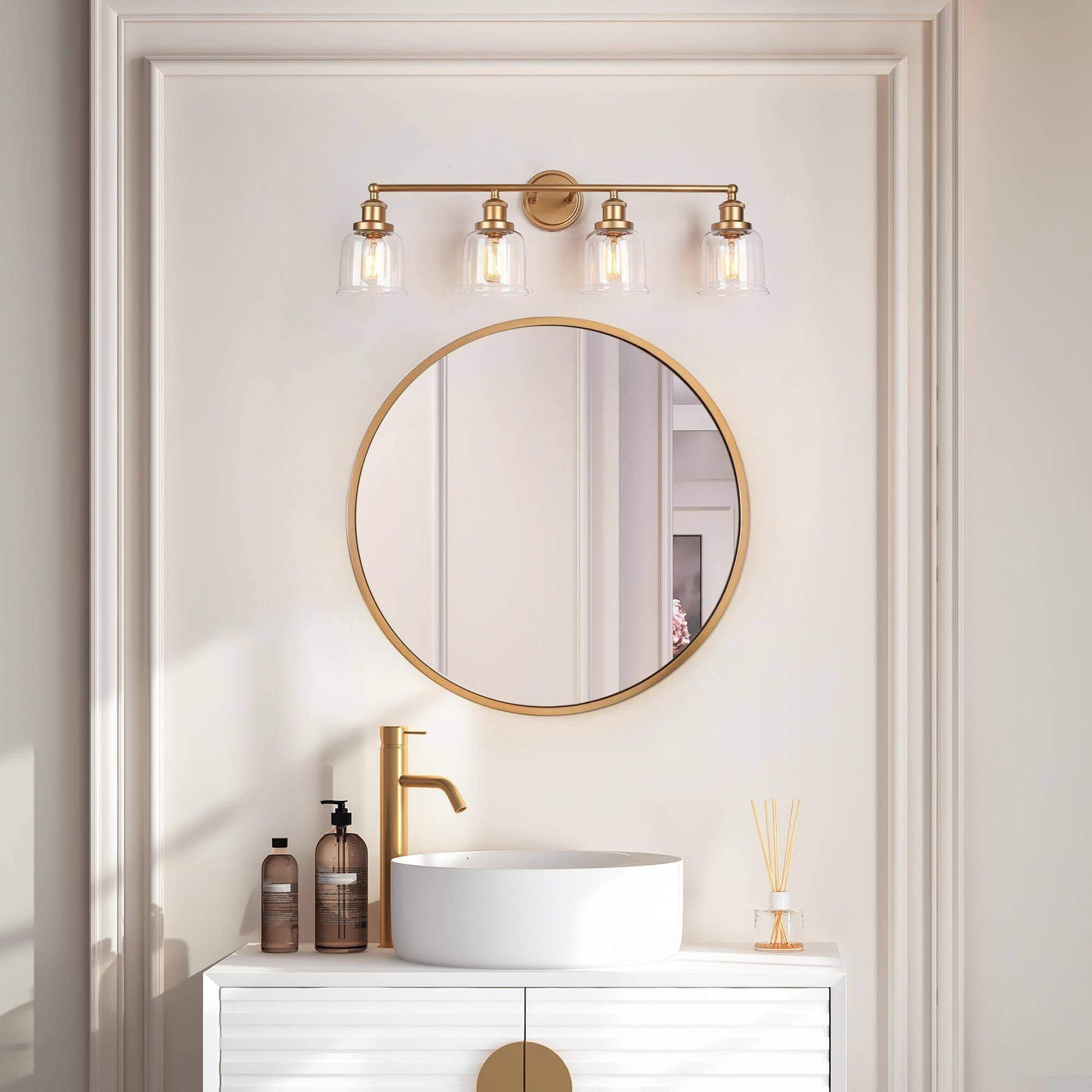 Modern Gold 4-Light Vanity Light with Clear Bell Shades