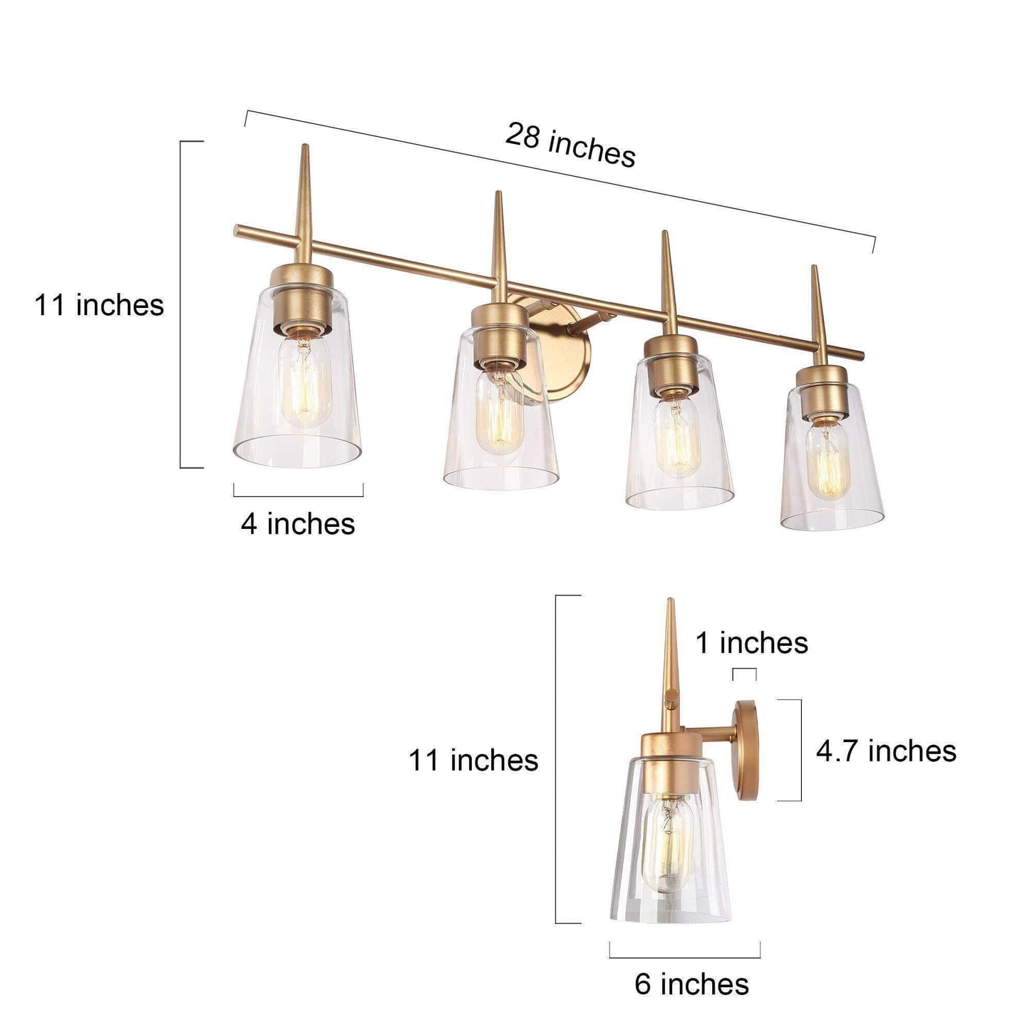 Modern Gold 4-Light Vanity Light with Tapered Glass Shades