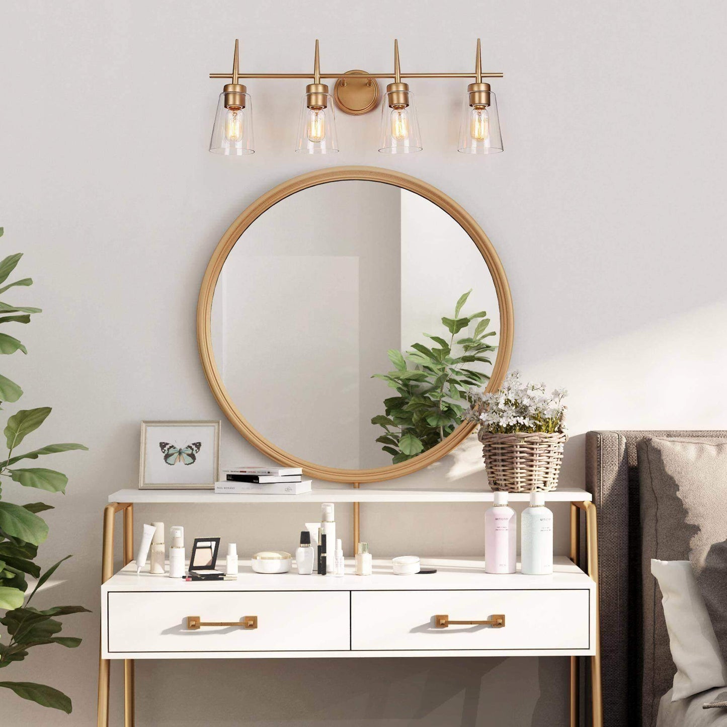 Modern Gold 4-Light Vanity Light with Tapered Glass Shades