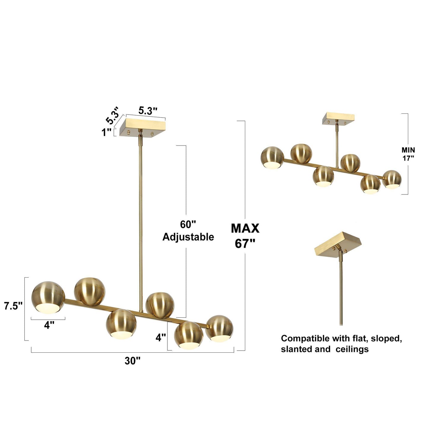 Modern Brass 6-Light Linear Island Light Chandelier with Globes