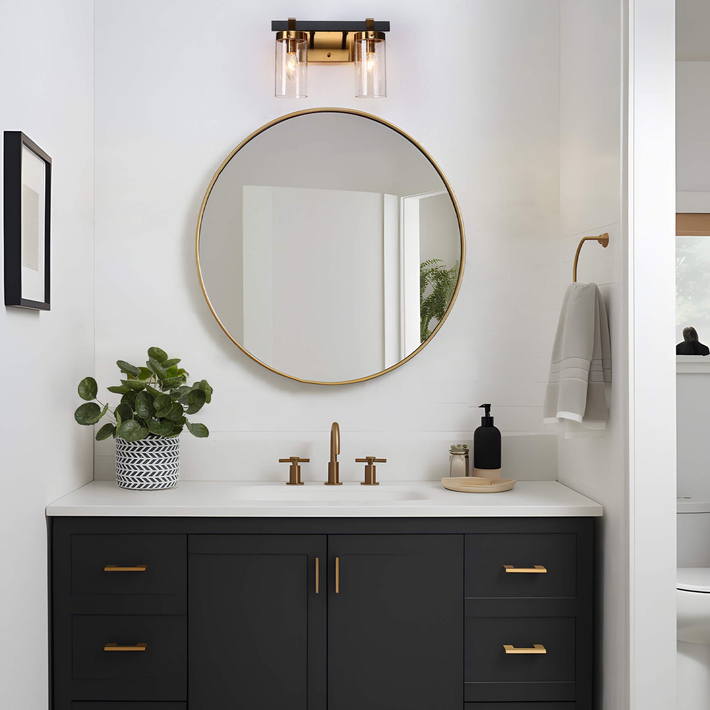 Modern Black Gold 2-Light Vanity Light with Seeded Cylinder Shades