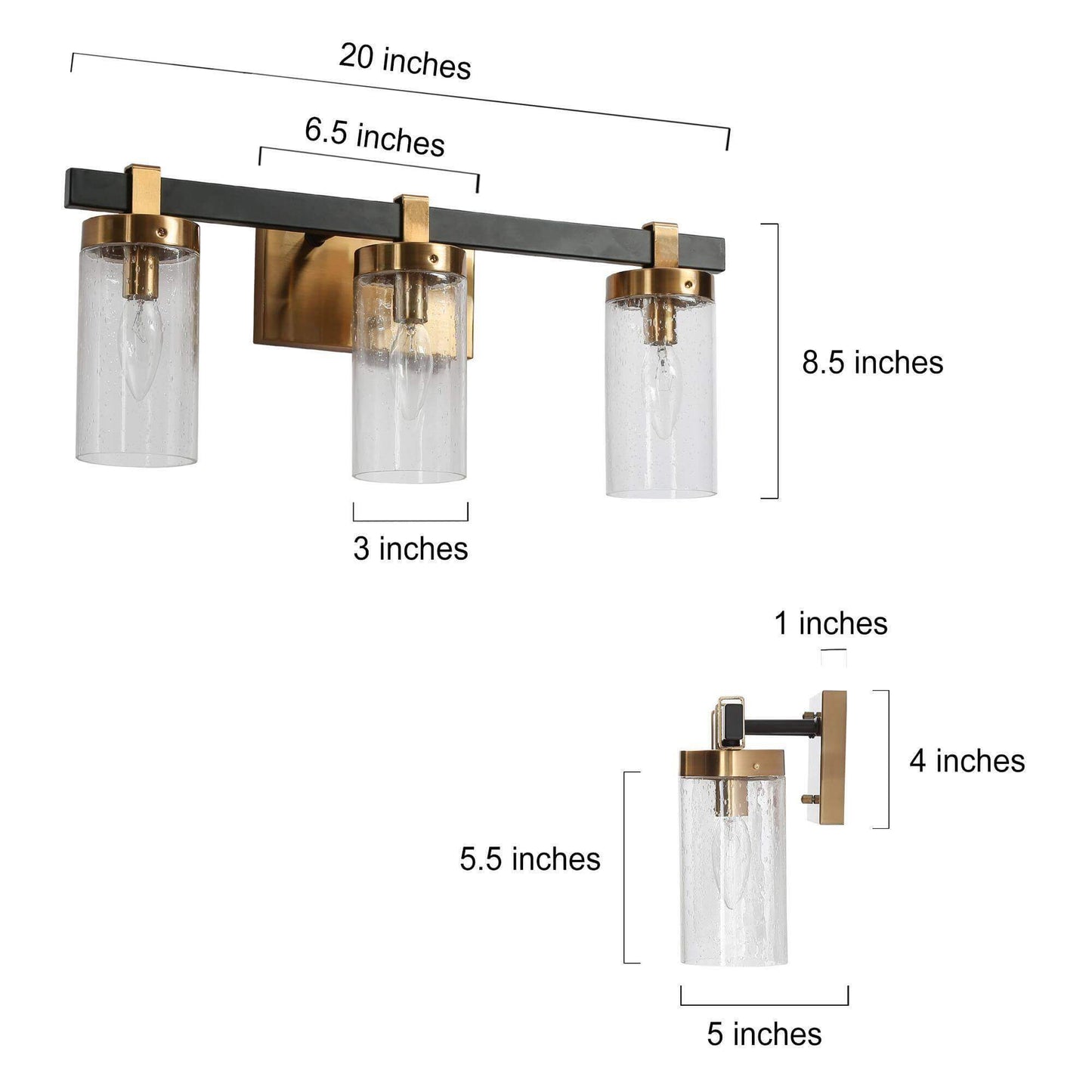 Modern Black Gold 3-Light Vanity Light with Seeded Cylinder Shades