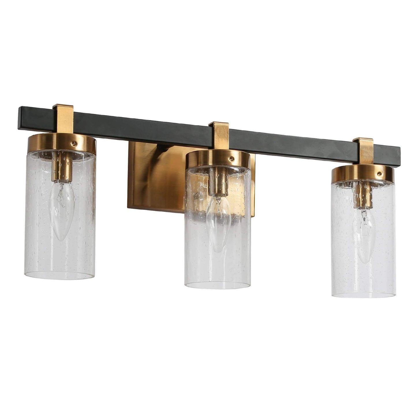 Modern Black Gold 3-Light Vanity Light with Seeded Cylinder Shades