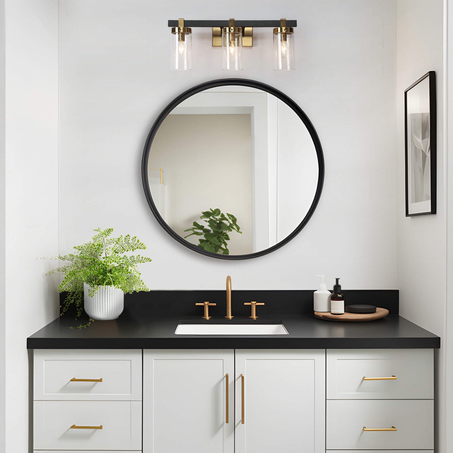 Modern Black Gold 3-Light Vanity Light with Seeded Cylinder Shades