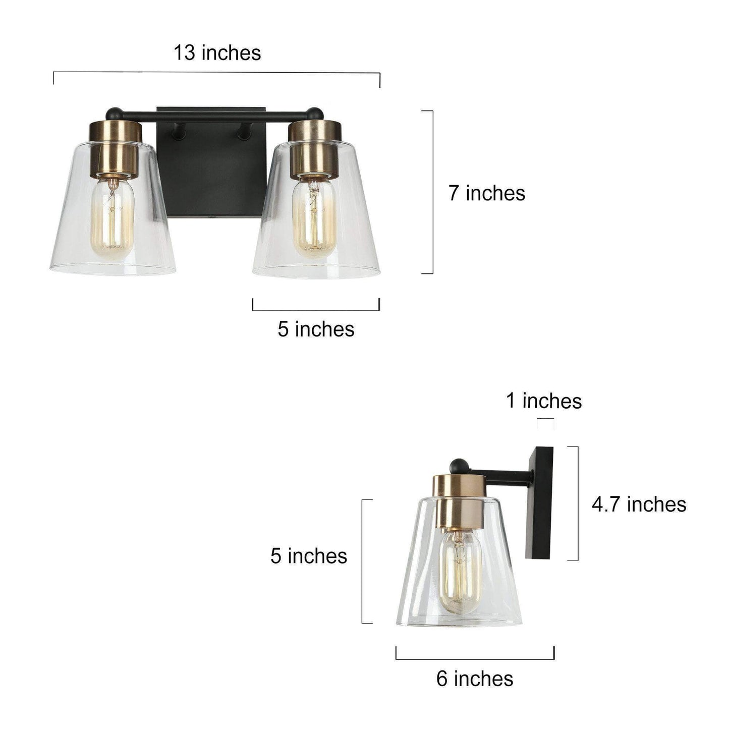 Modern Black and Gold 2-Light Vanity Light with Tapered Glass Shades