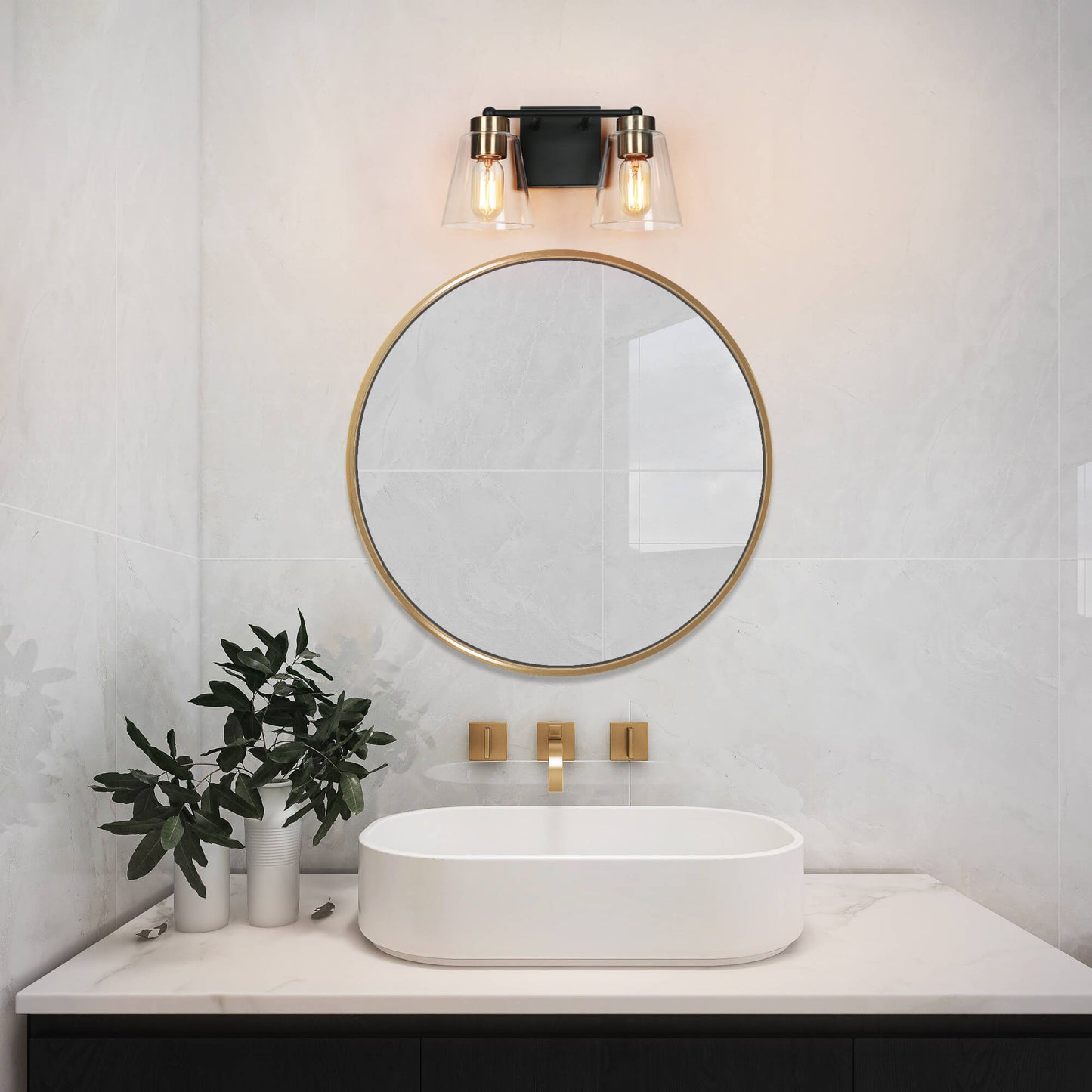 Modern Black and Gold 2-Light Vanity Light with Tapered Glass Shades