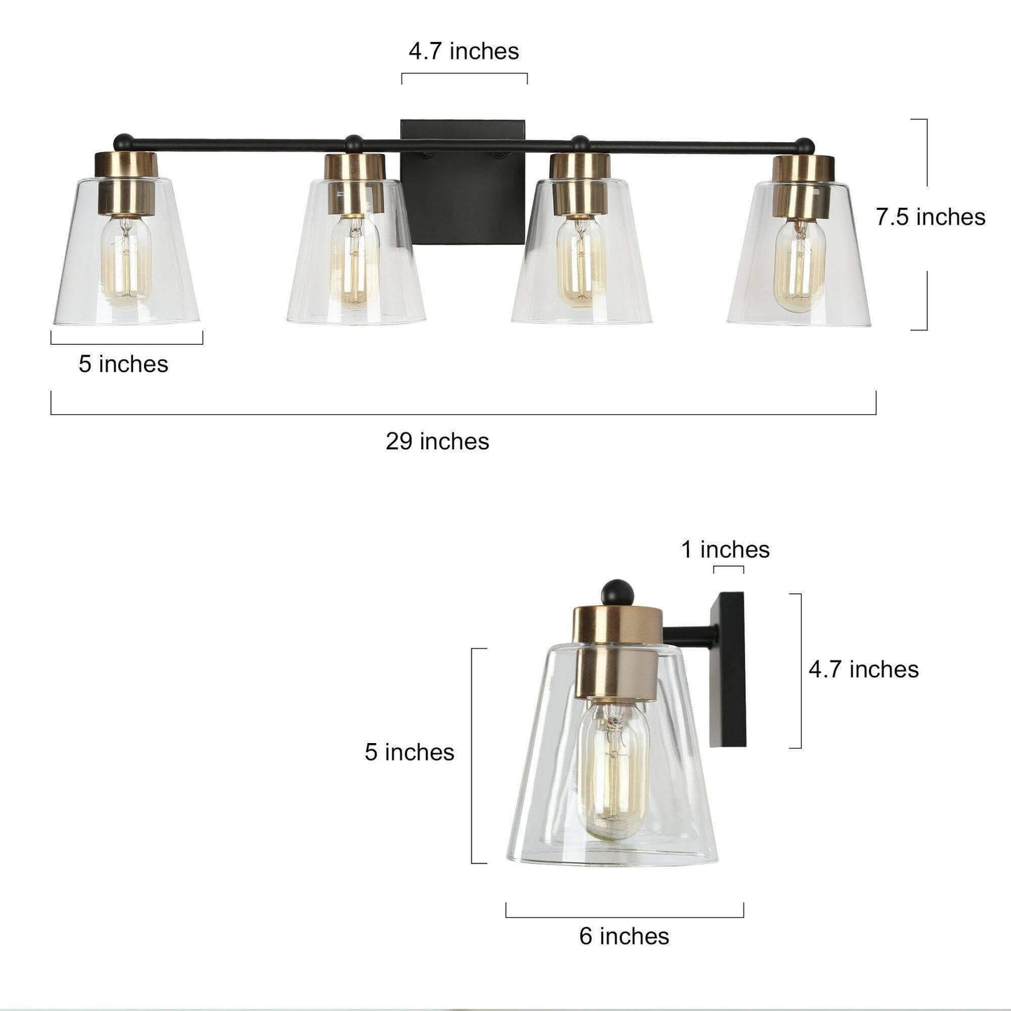 Modern Black and Gold 4-Light Vanity Light with Tapered Glass Shades