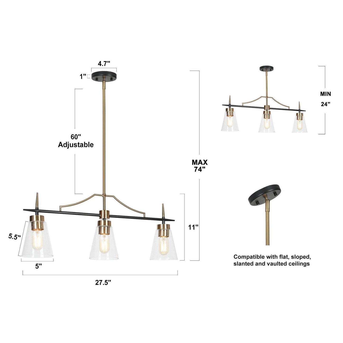 Mdoern 3-Light Brass Linear Island Light Chandelier with Seeded Glass