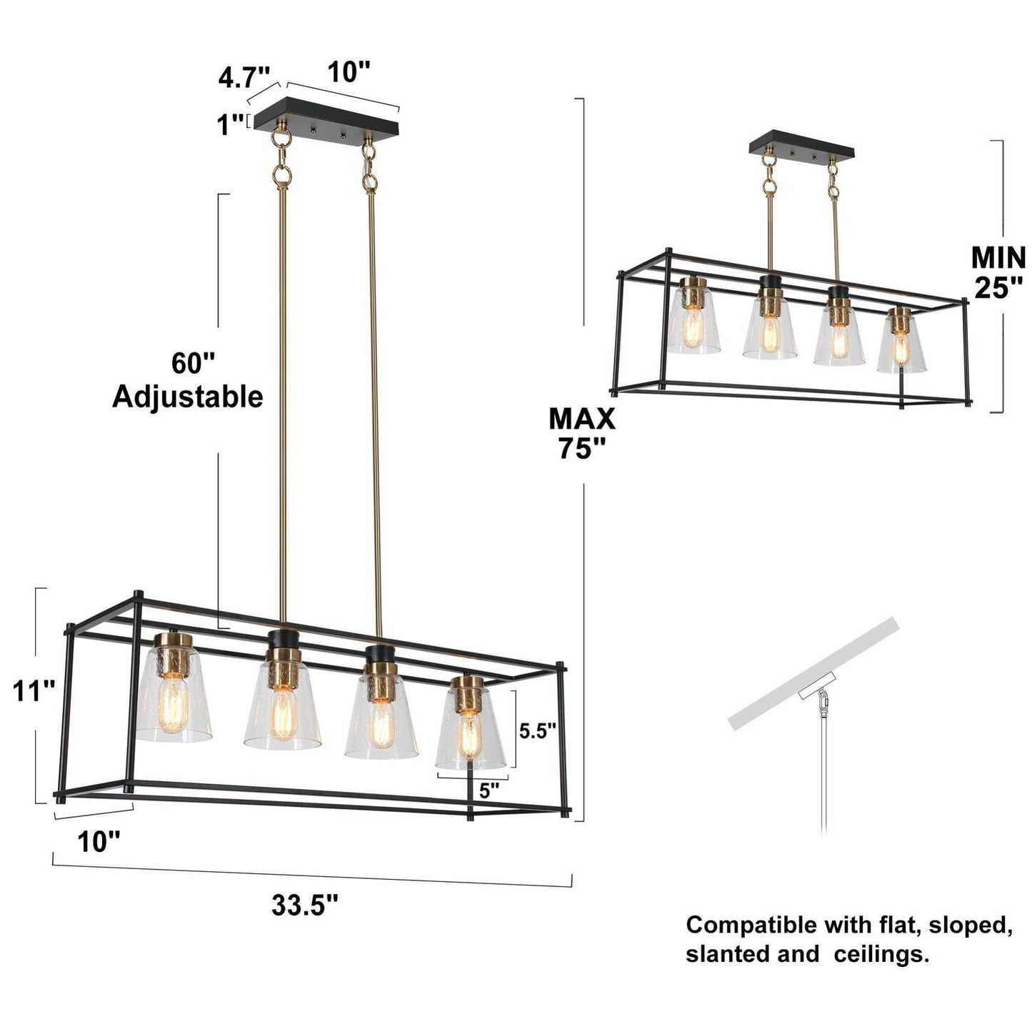 Modern 4-Light Rectangle Island Light Chandelier with Seeded Glass