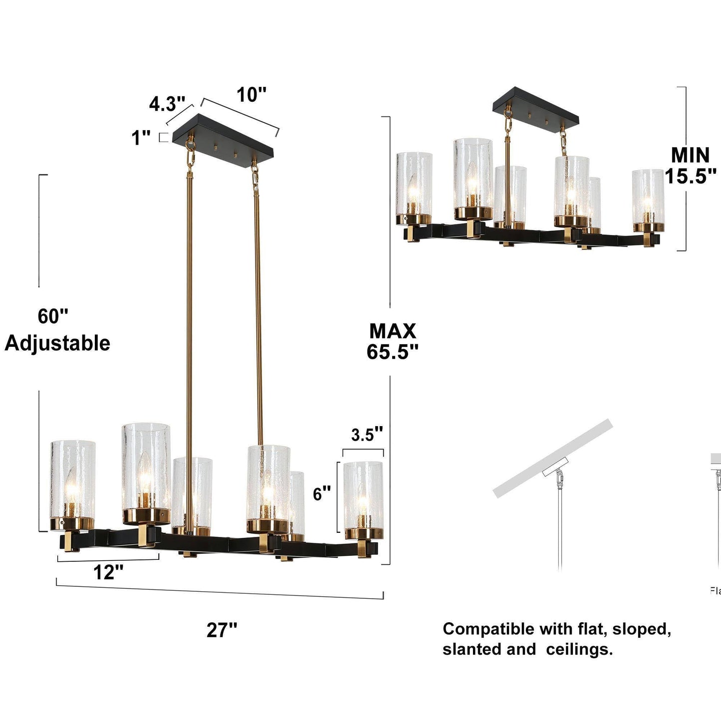 Sean 6-Light 27-in Black&Gold Modern Linear Kitchen Island Light with Seeded Glass