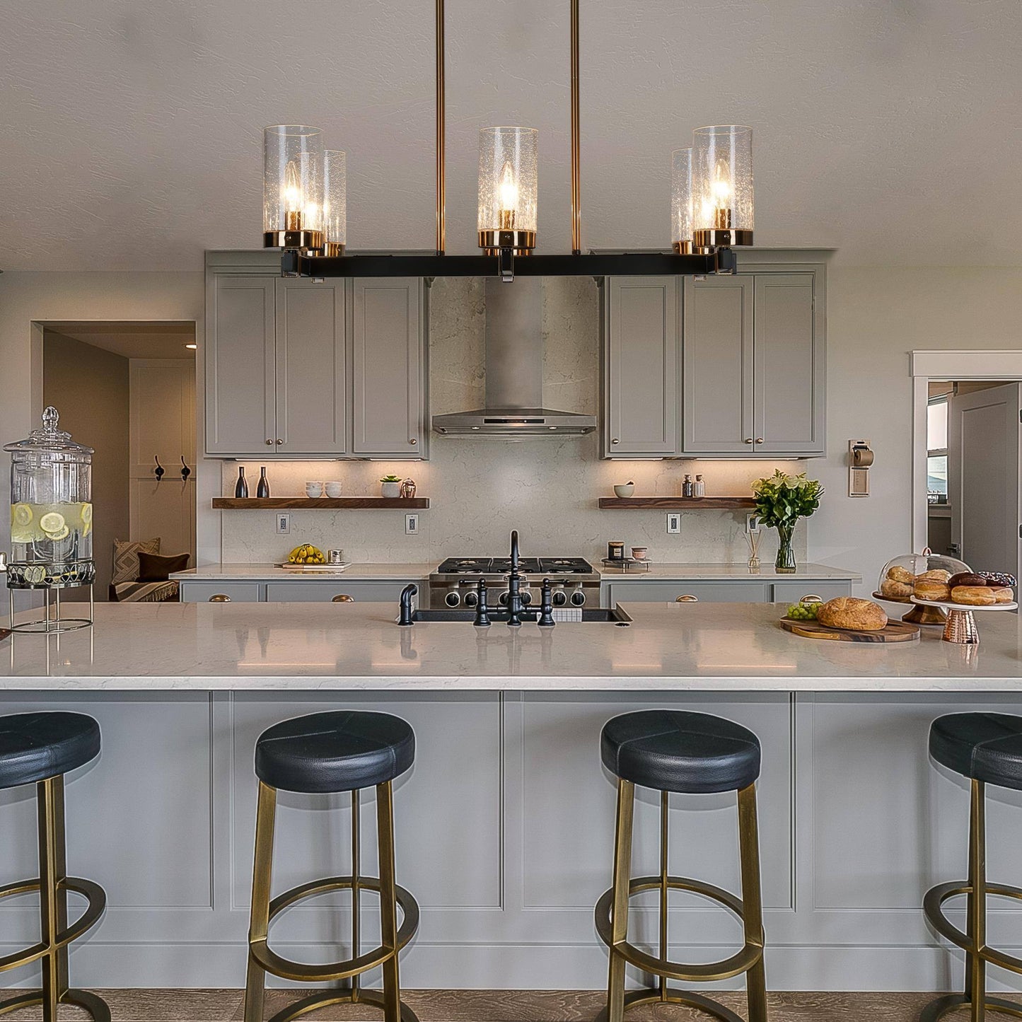 Sean 6-Light 27-in Black&Gold Modern Linear Kitchen Island Light with Seeded Glass