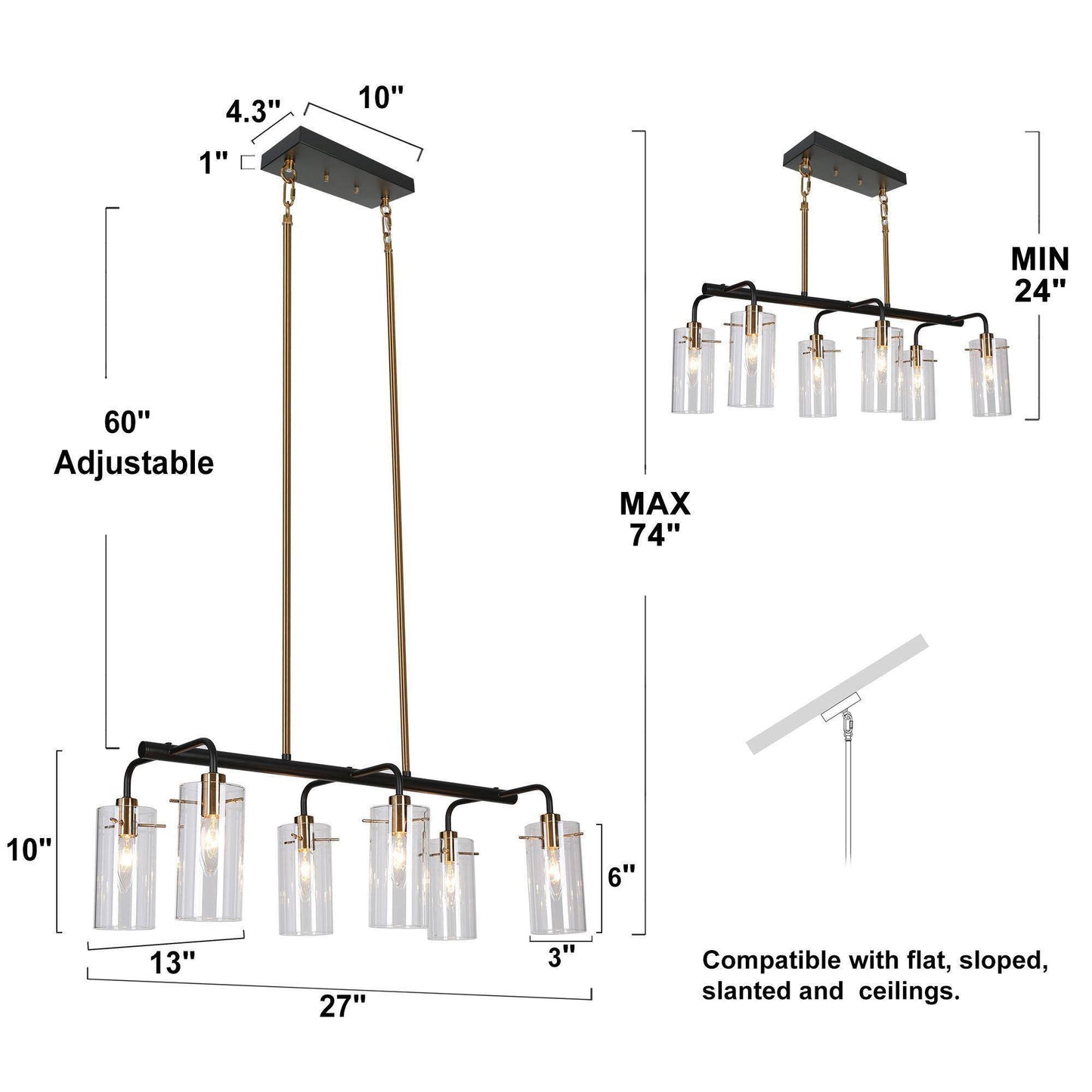 Contemporary 6-Light Island Light Chandelier with Cylindrical Glass