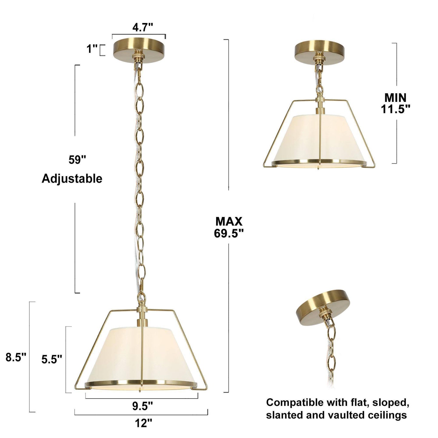 Modern 1-Light Brass Pendant Light with Tapered Fabric Shade