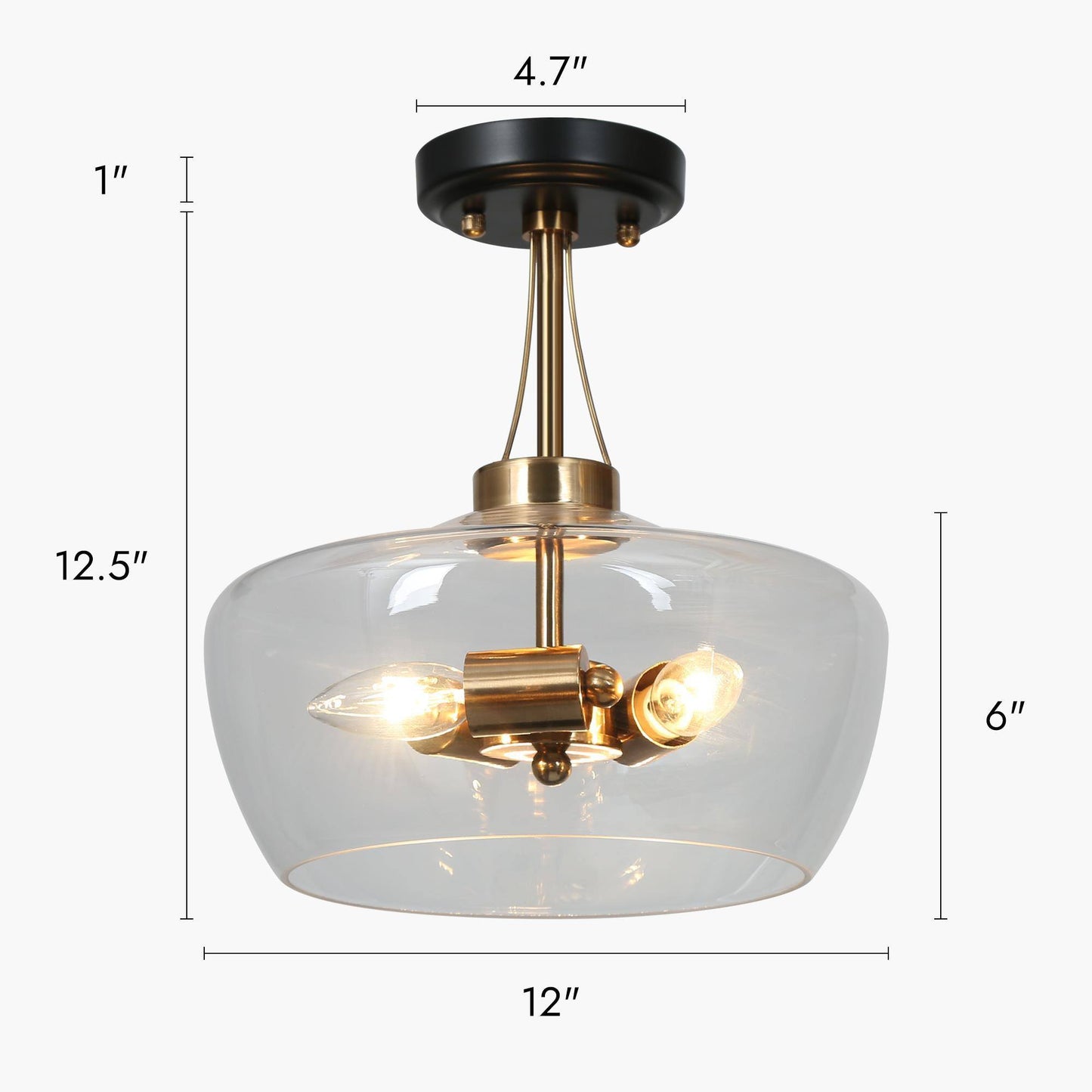 Modern 3-Light Black Gold Glass Semi Flush Mount Ceiling Light