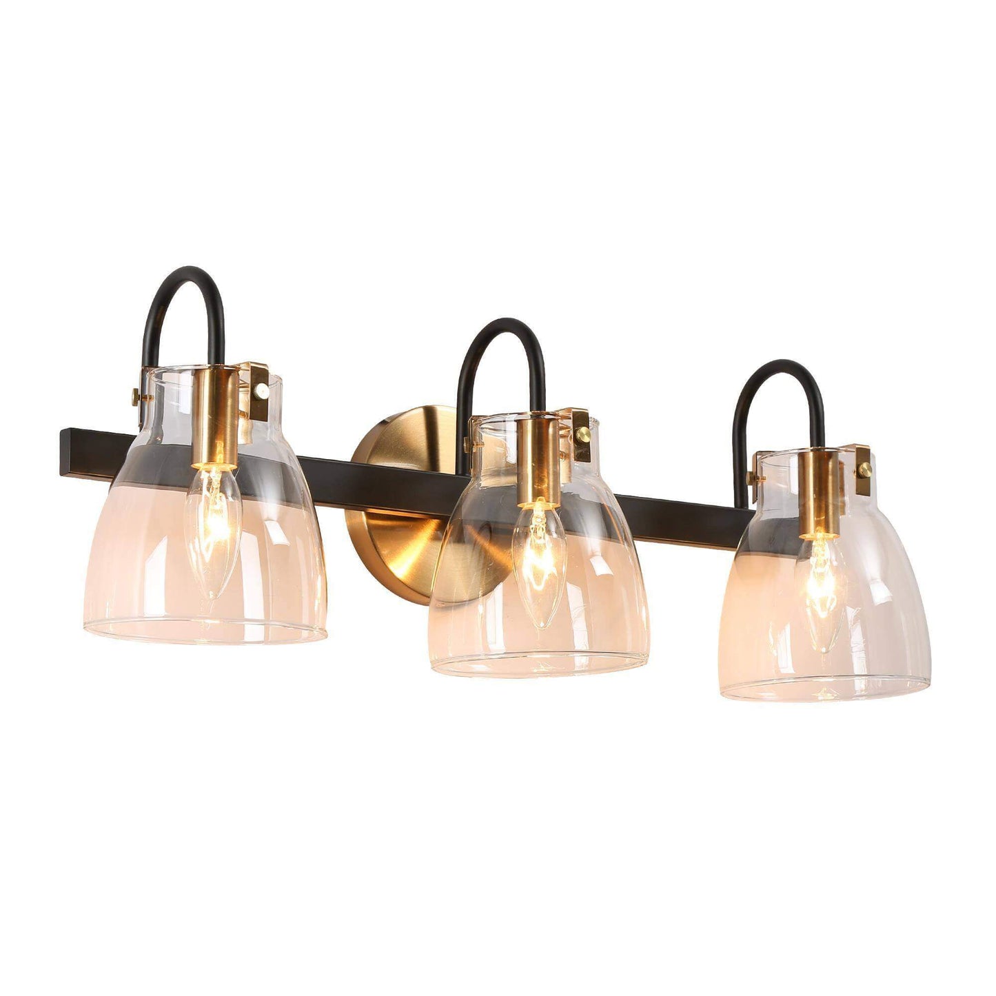 Modern 3-Light Black and Gold Vanity Light with Clear Bell Shades