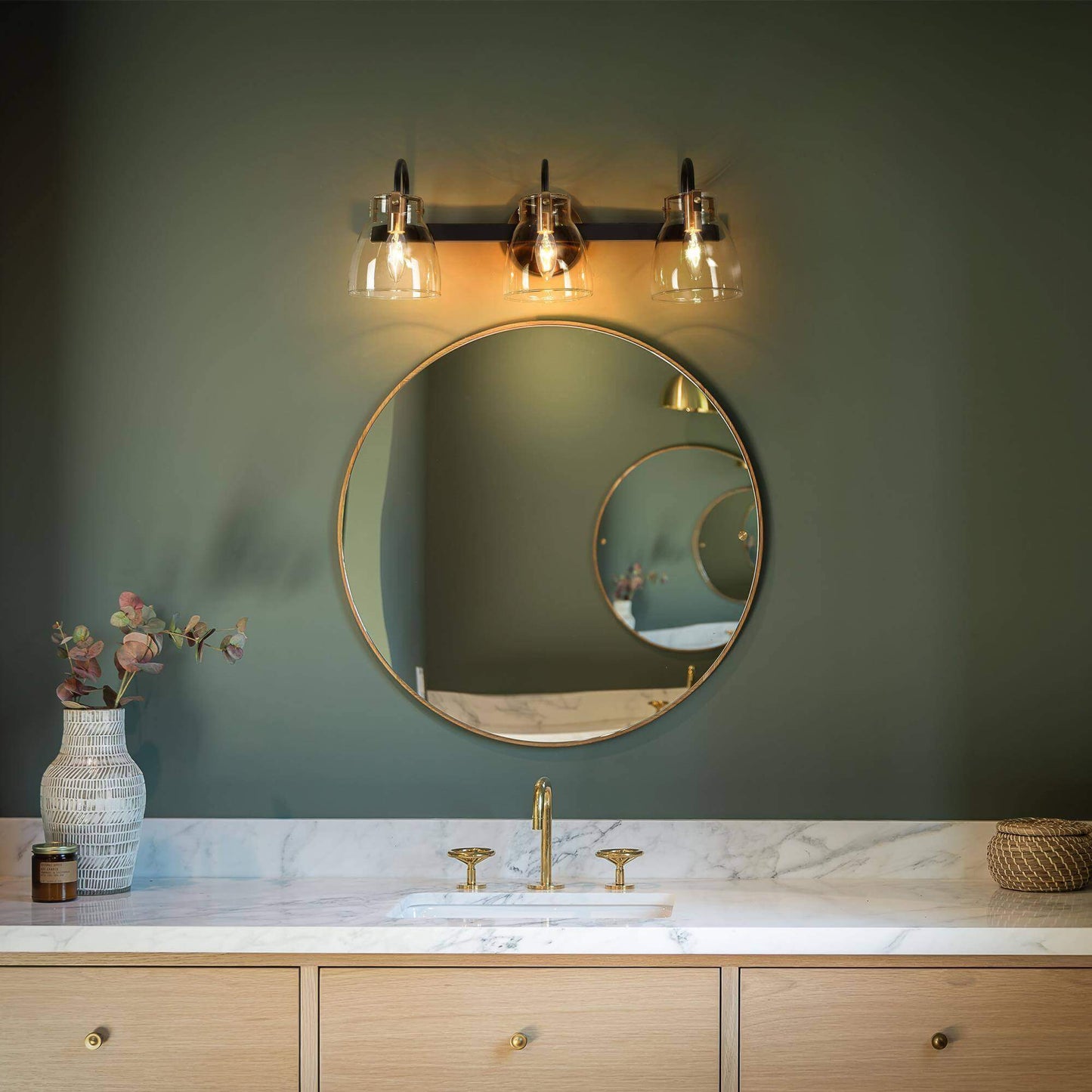 Modern 3-Light Black and Gold Vanity Light with Clear Bell Shades