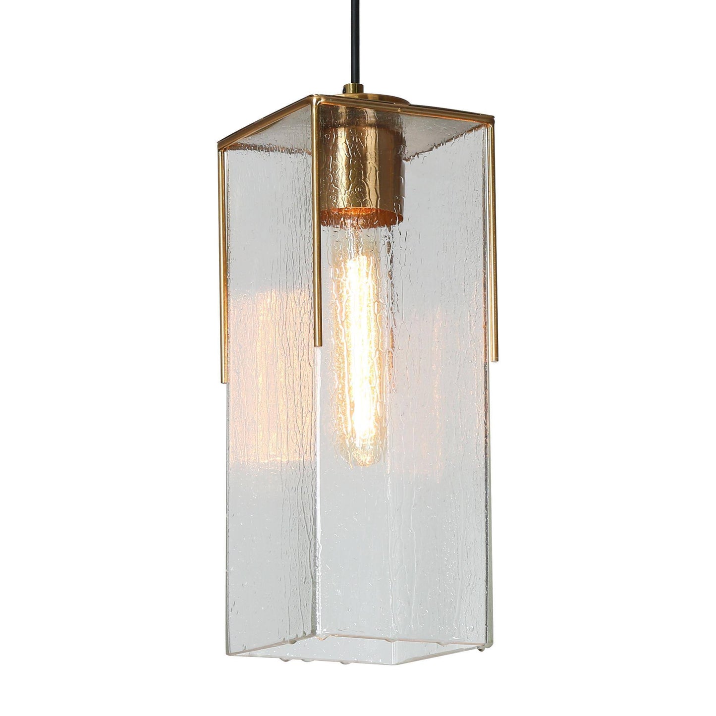 Modern Brass Rectangular Pendant Light with Textured Glass Shade