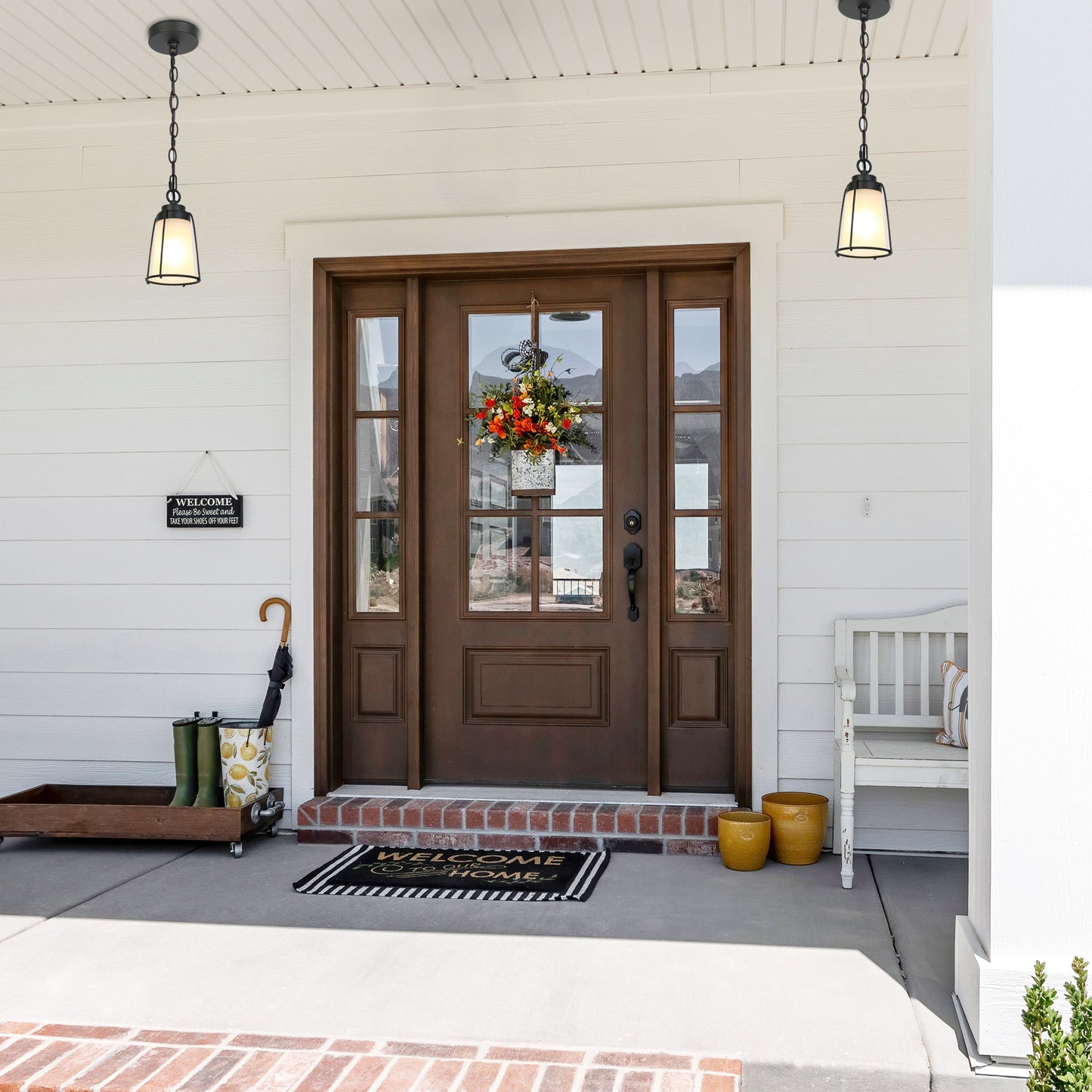 Modern Farmhouse Outdoor Black Pendant Light with Frosted Glass Shade