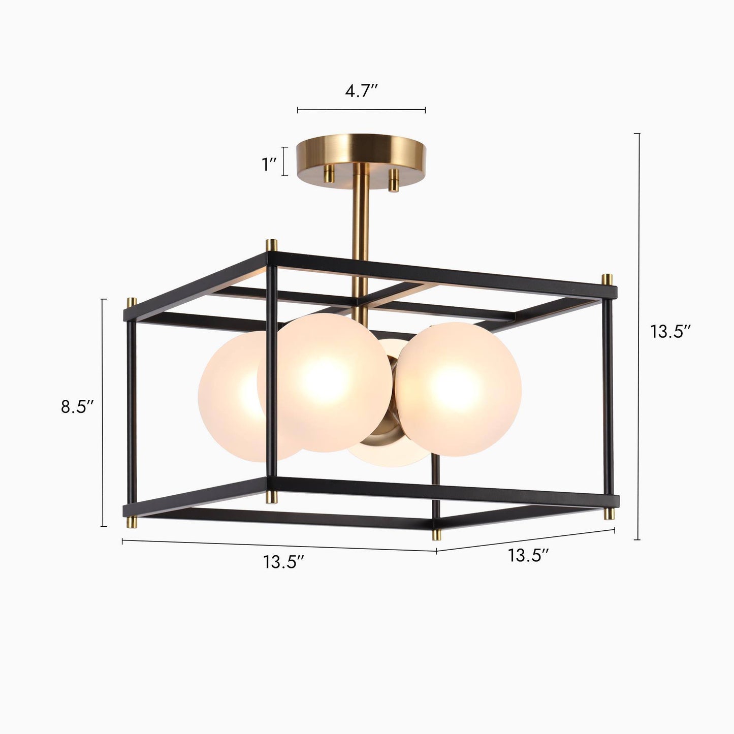 Modern 4-Light Black Gold Semi-Flush Mount Light with Frosted Globes