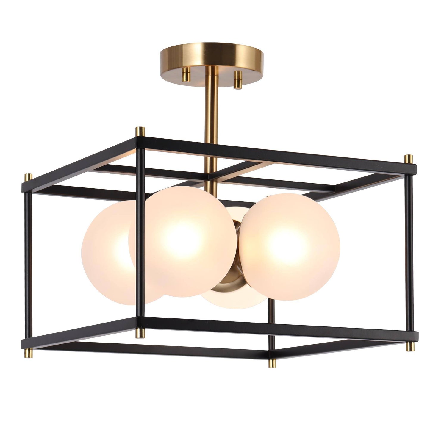 Modern 4-Light Black Gold Semi-Flush Mount Light with Frosted Globes