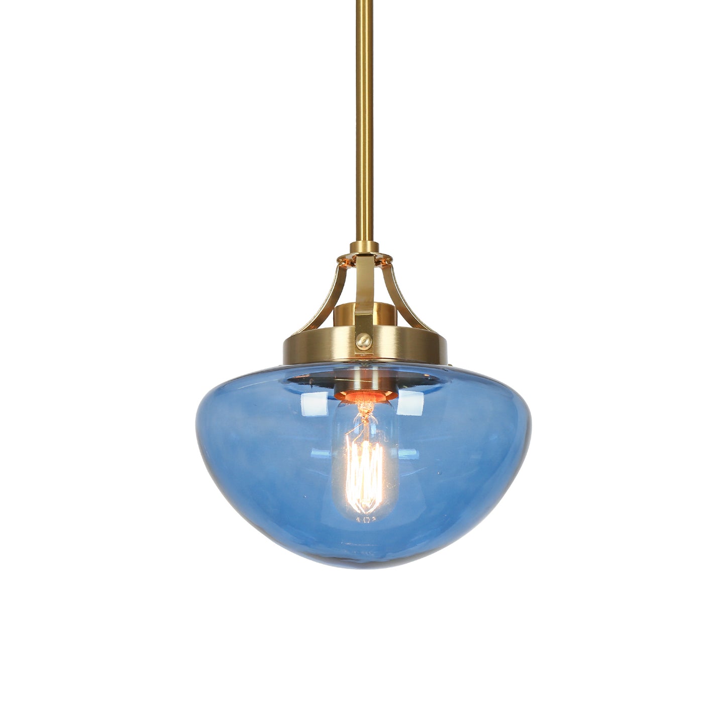 Modern Pendant Light with Blue Glass Shade and Brass Finish