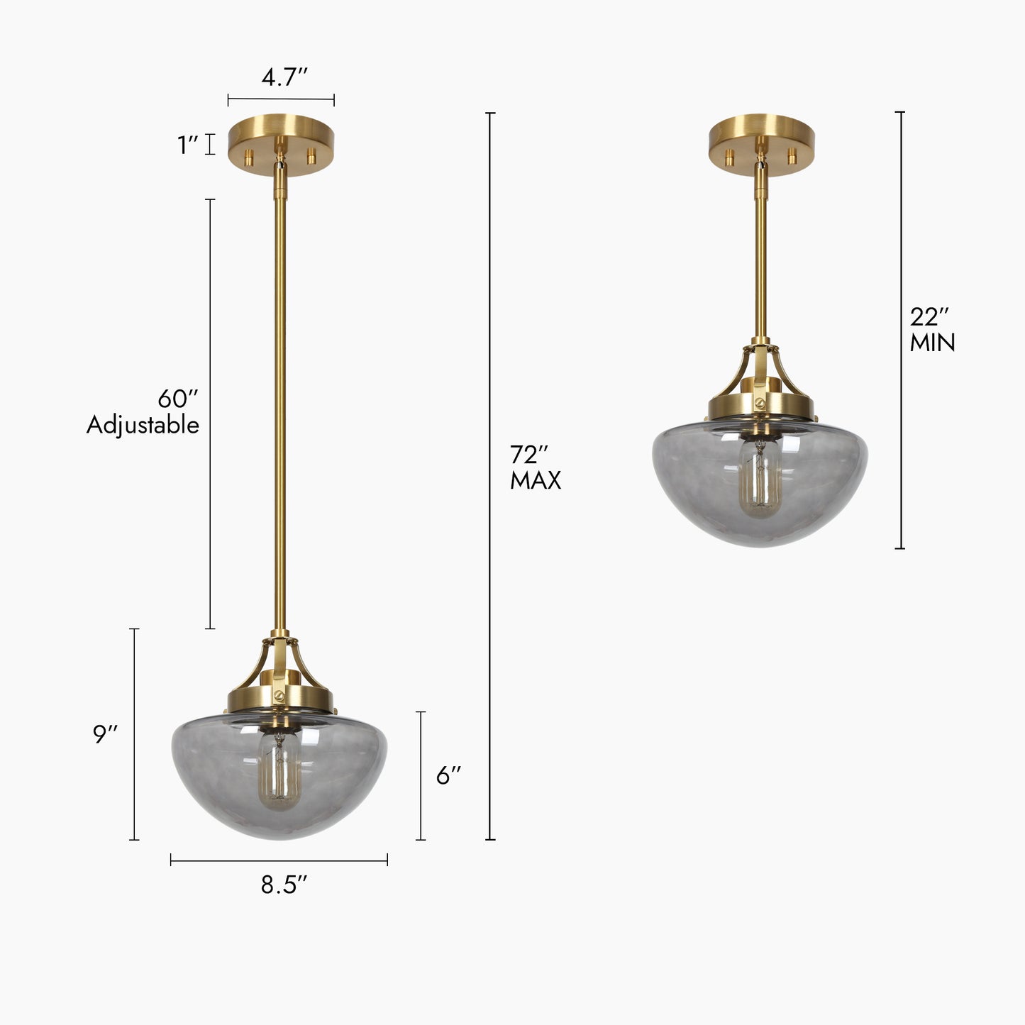 Modern Brass Pendant Light with Smoky Gray Glass Dome Shade