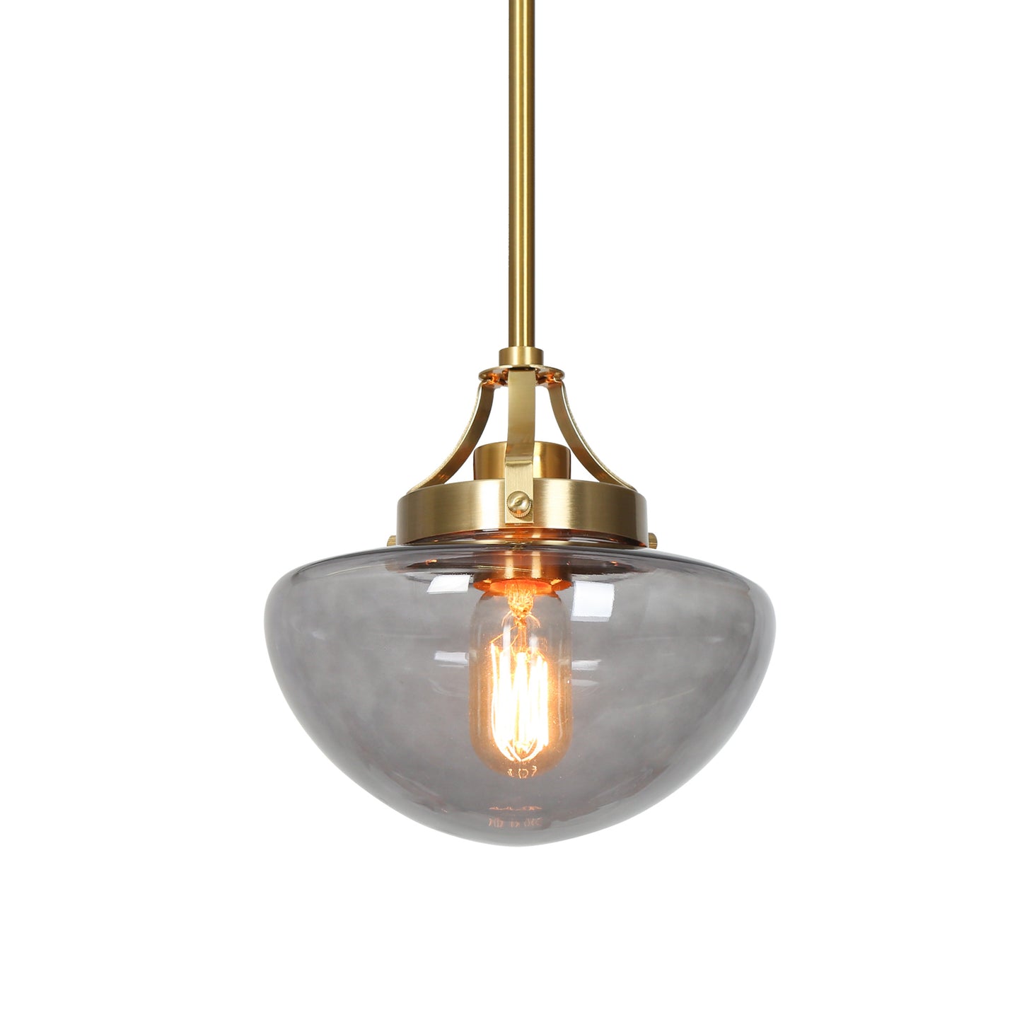 Modern Brass Pendant Light with Smoky Gray Glass Dome Shade