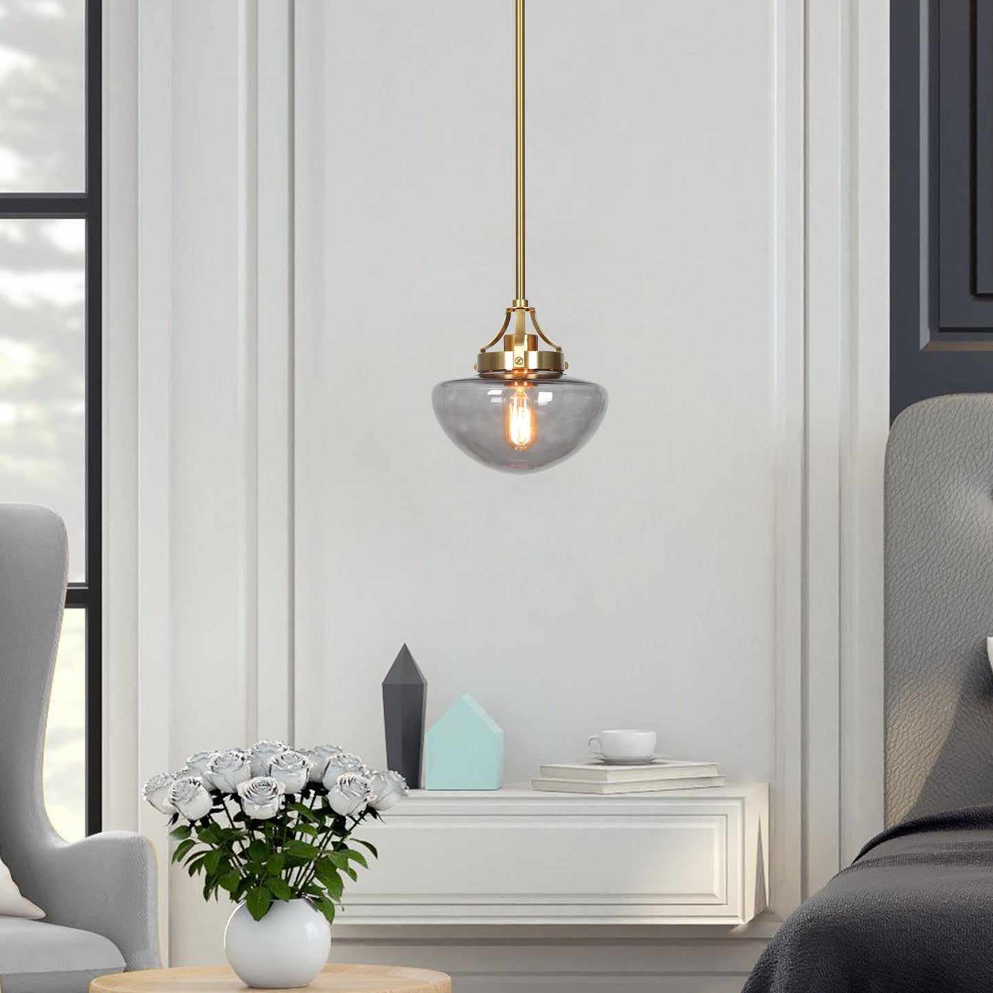 Modern Brass Pendant Light with Smoky Gray Glass Dome Shade