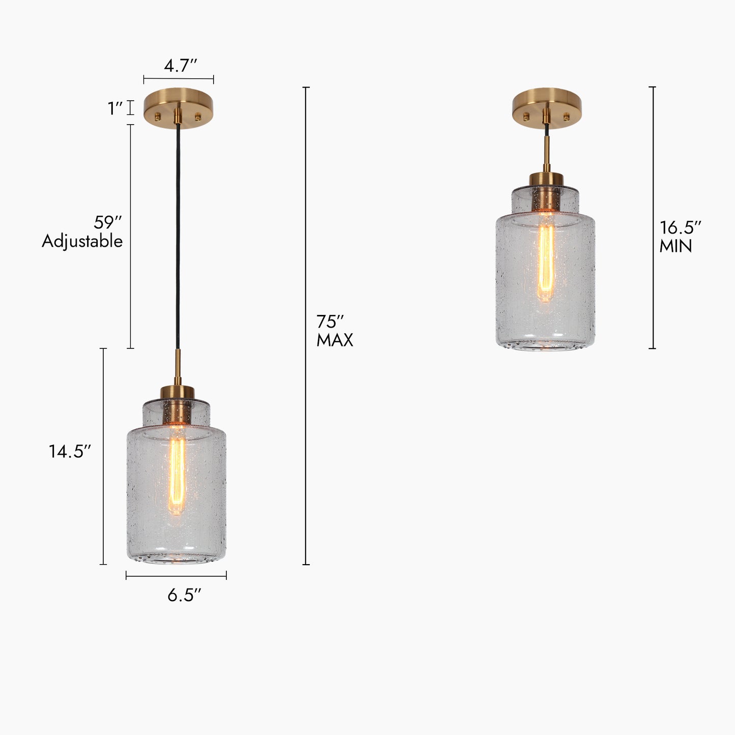 Modern Brass Pendant Lights with Grey Seeded Glass Shade