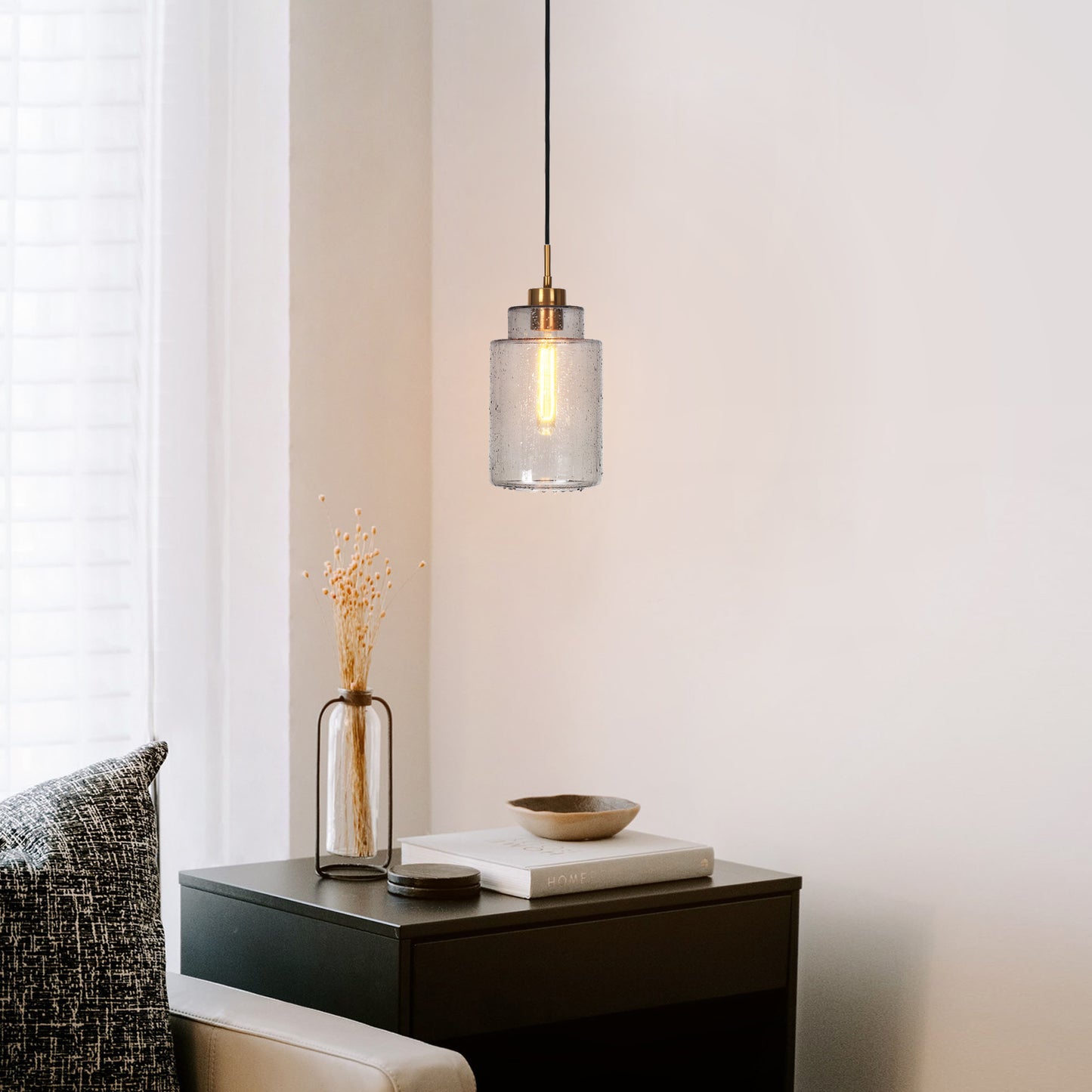 Modern Brass Pendant Lights with Grey Seeded Glass Shade