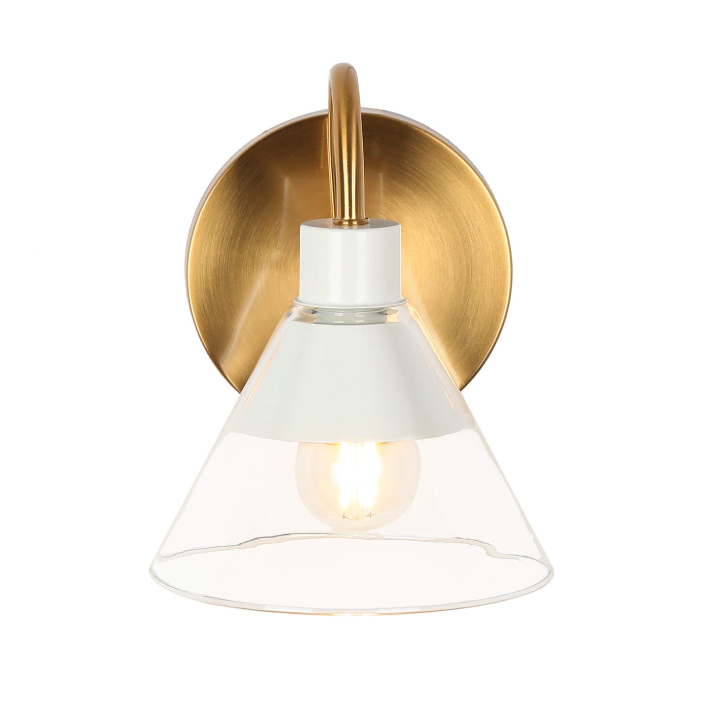 Modern Gold and White Wall Sconce with Clear Glass Cone Shade