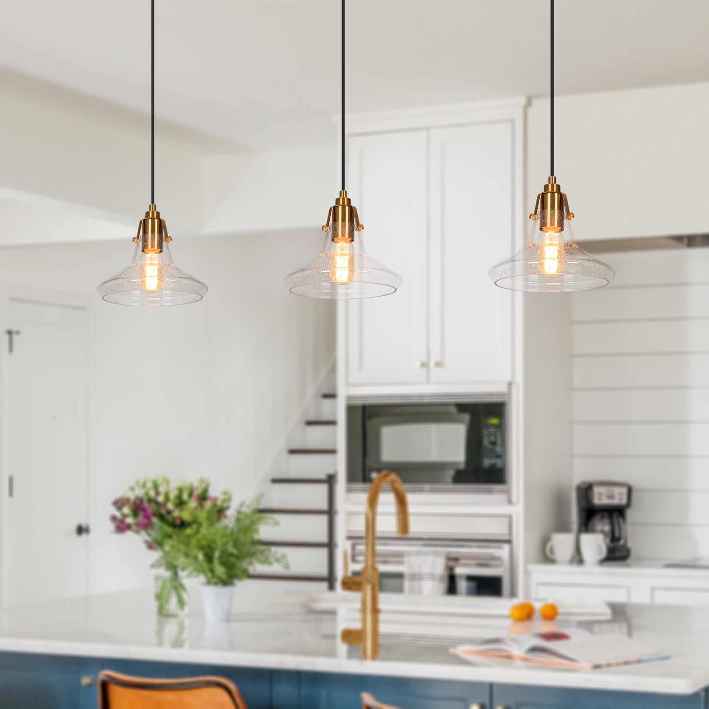 Modern 1-Light Brass Pendant Lights with Seeded Glass