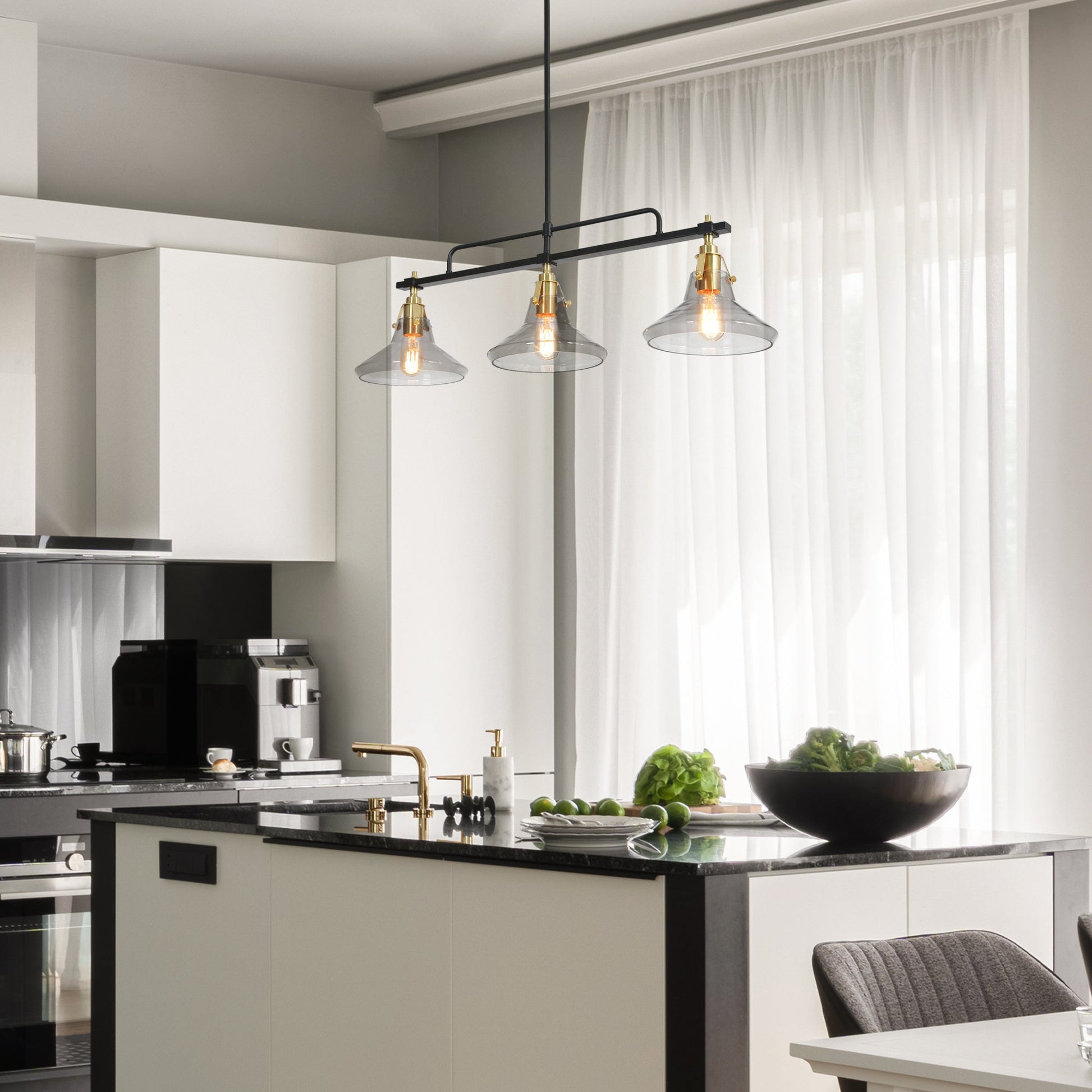 Tencanonia 3-Light 33.5-in Black&Gold Modern Linear Glass Kitchen Island Light