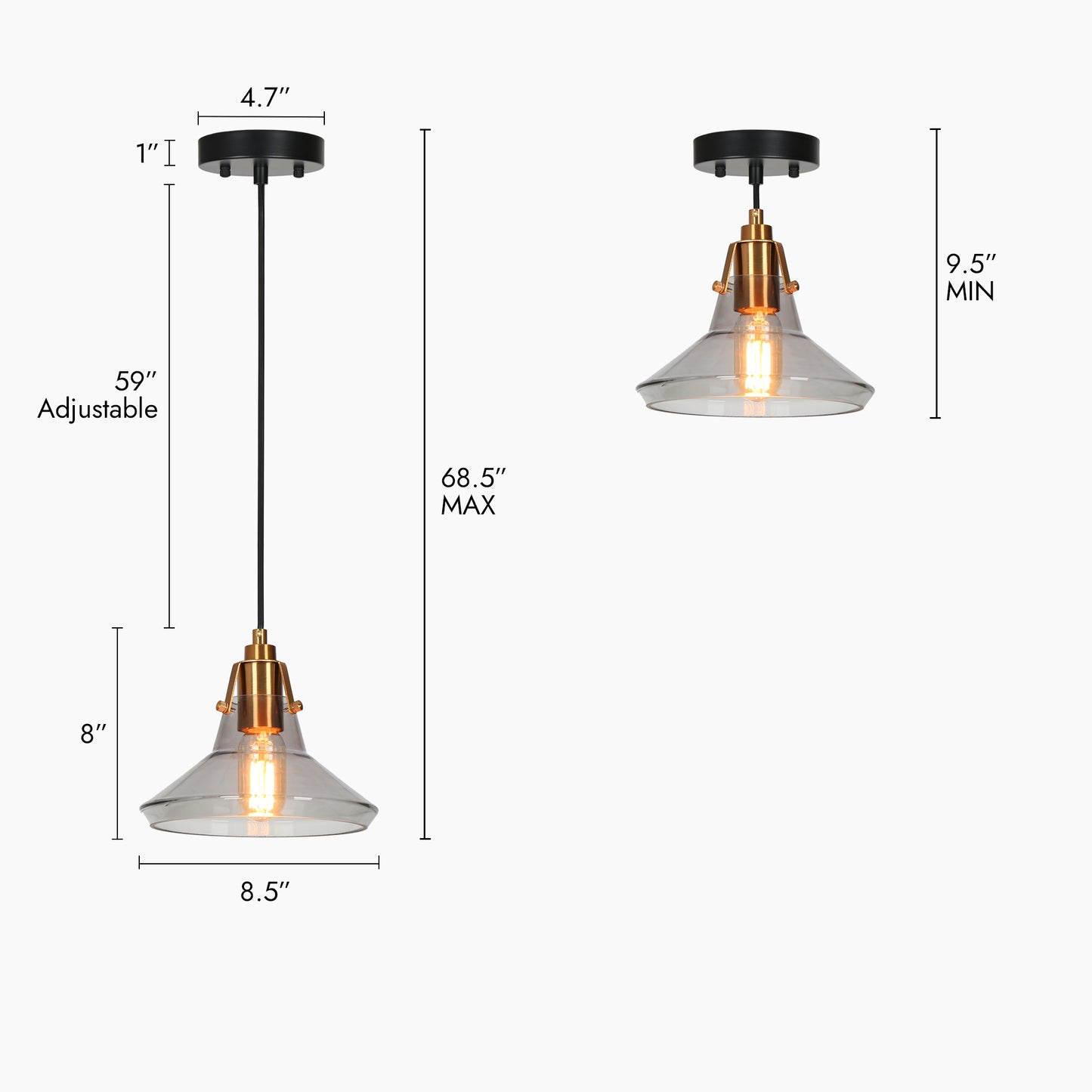 Modern 1-Light Gold Pendant Lights with Smoke Grey Glass Shade