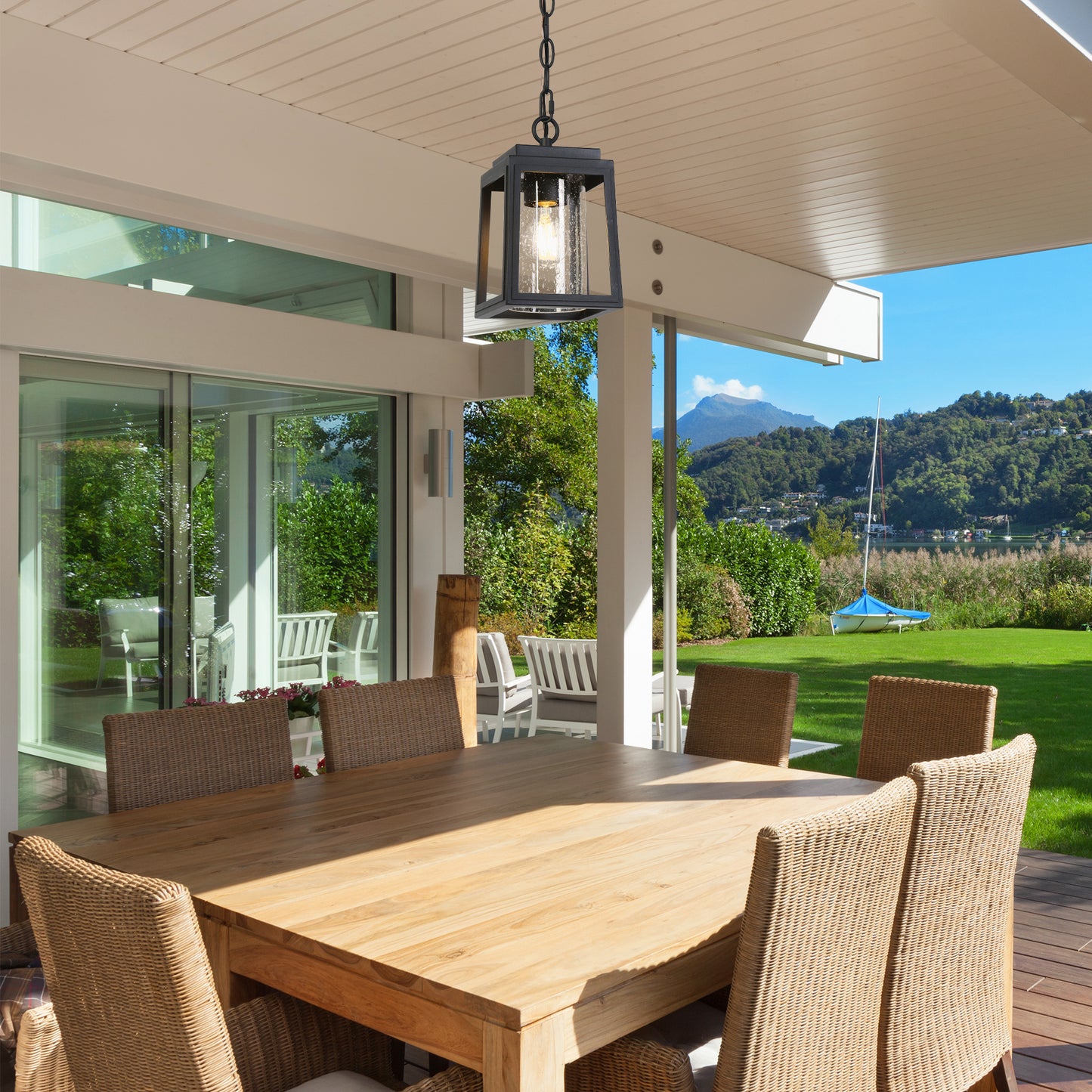 Modern 1-Light Outdoor Pendant Lights with Seeded Glass Shade