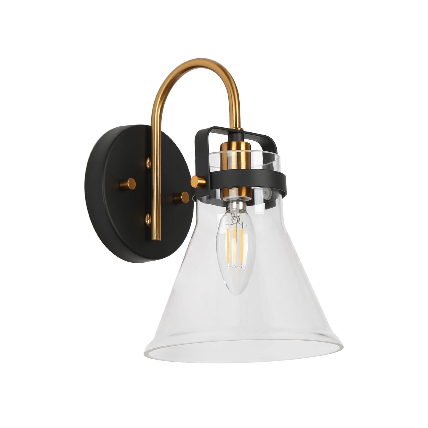 Modern Black and Gold Wall Sconce with Clear Glass Bell Shade