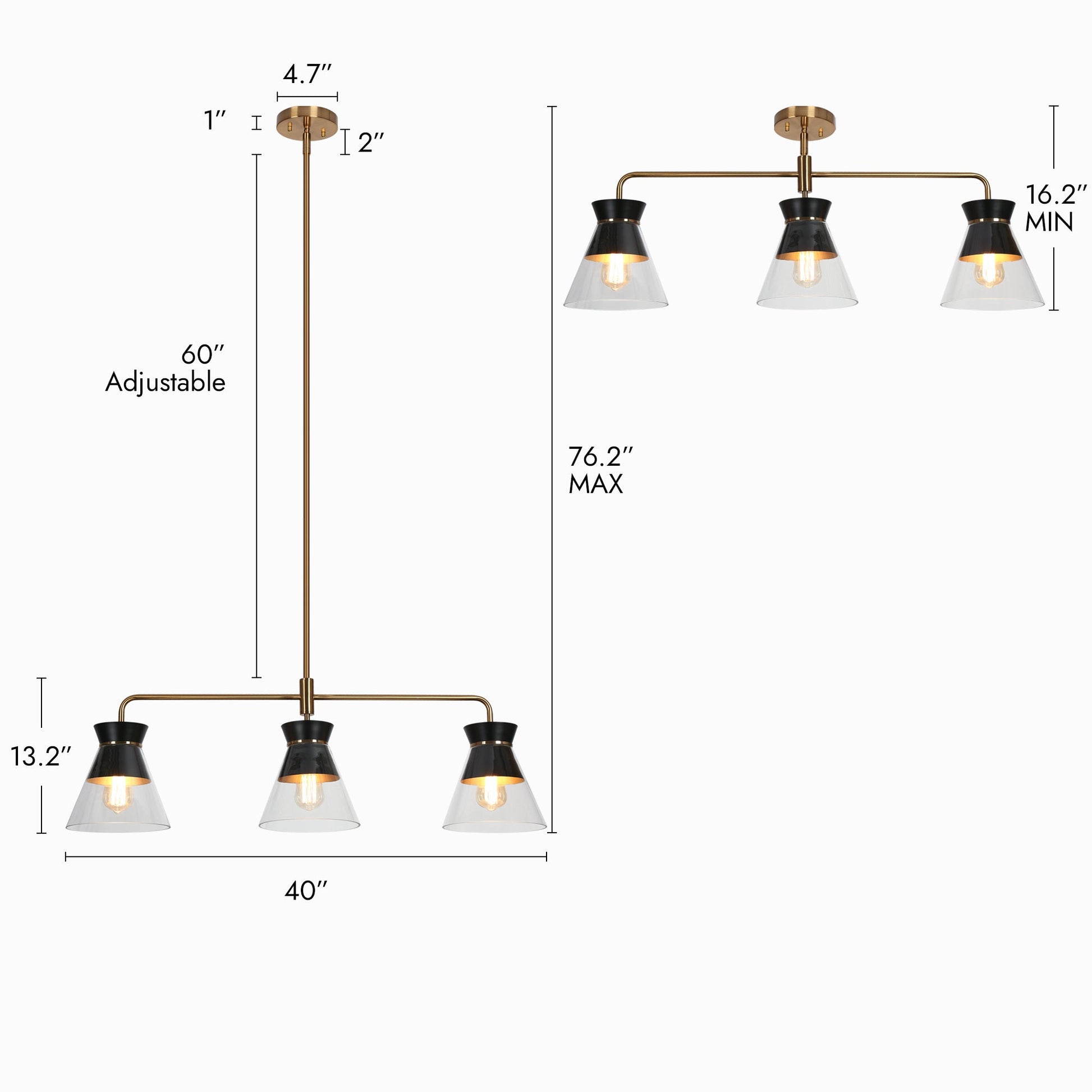 Noah 3-Light 40-in Black&Gold Modern Linear Glass Kitchen Island Light