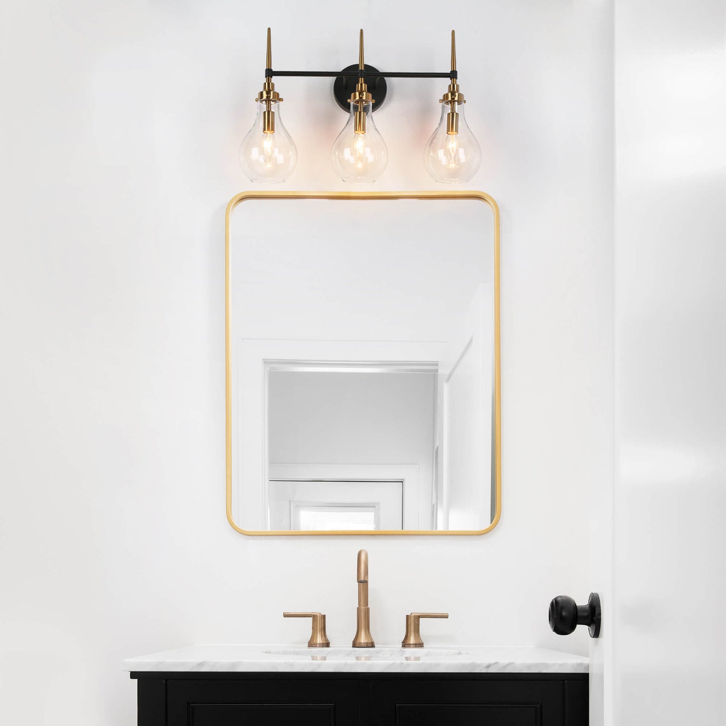 Modern Black and Gold 3-Light Vanity Light with Teardrop Glass Shades